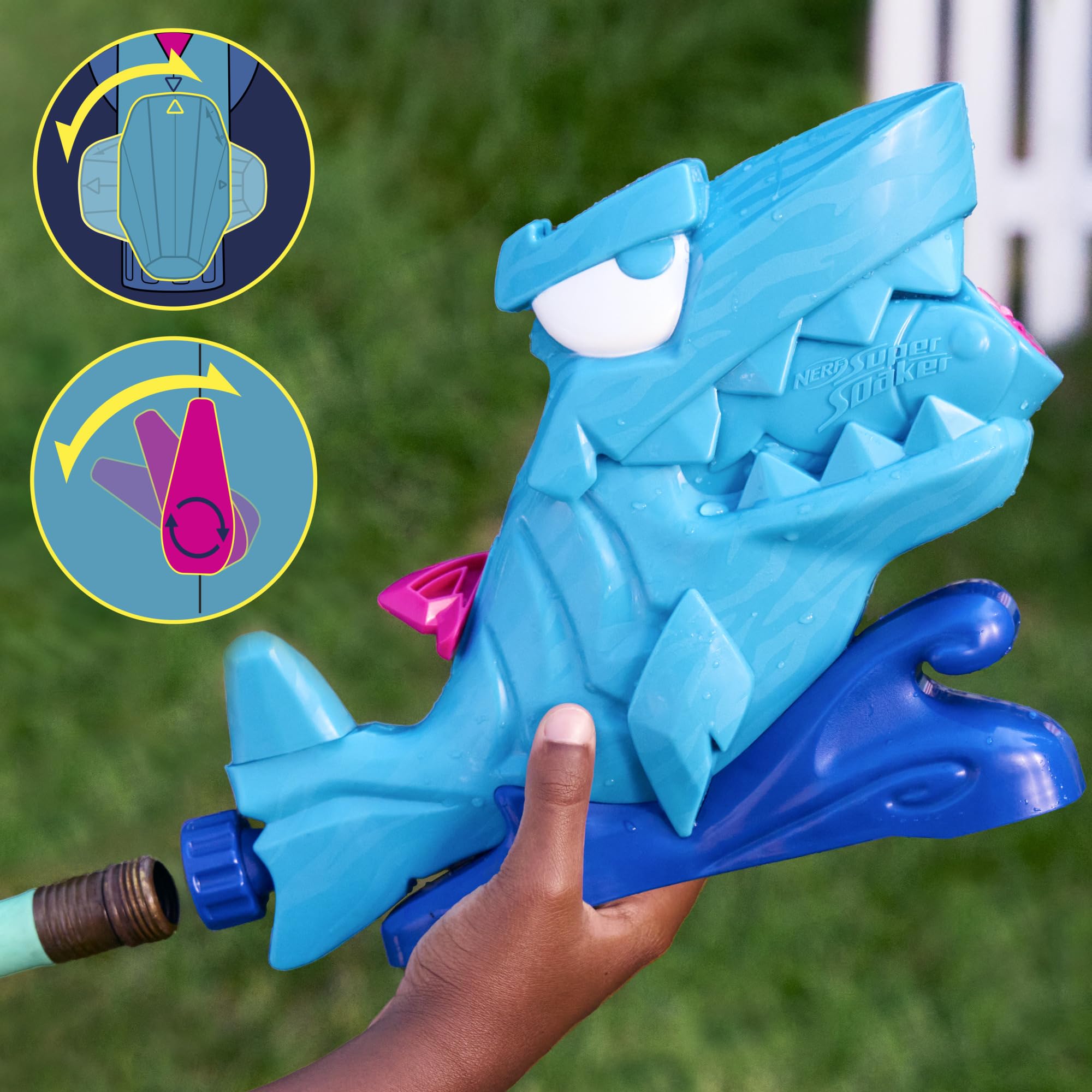 Zabawka wodna Nerf Super Soaker Hop & Chomp, polewanie strumieniami wody, kłapiąca szczęka, podłączanie do węża ogrodowego, zabawki dla dzieci do wodnej zabawy poza domem, wiek: od 3 lat