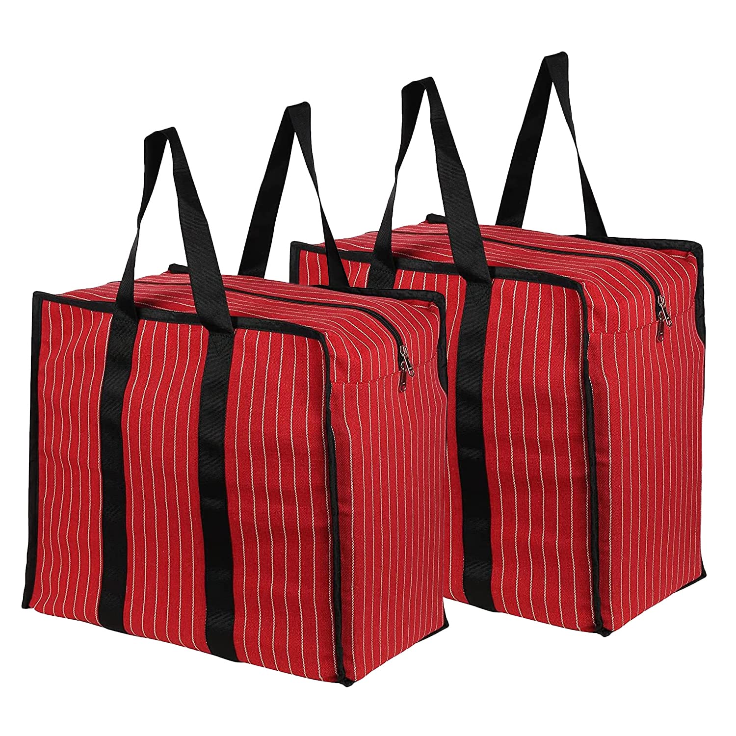 Double R Bags Extra Large Multipurpose Heavy Duty Canvas Storage Organizer Shopper Bag with Strong Handles, Zip Cover & 1 Compartment (43x26.6x45.7 cm, Red, Pack of 2)