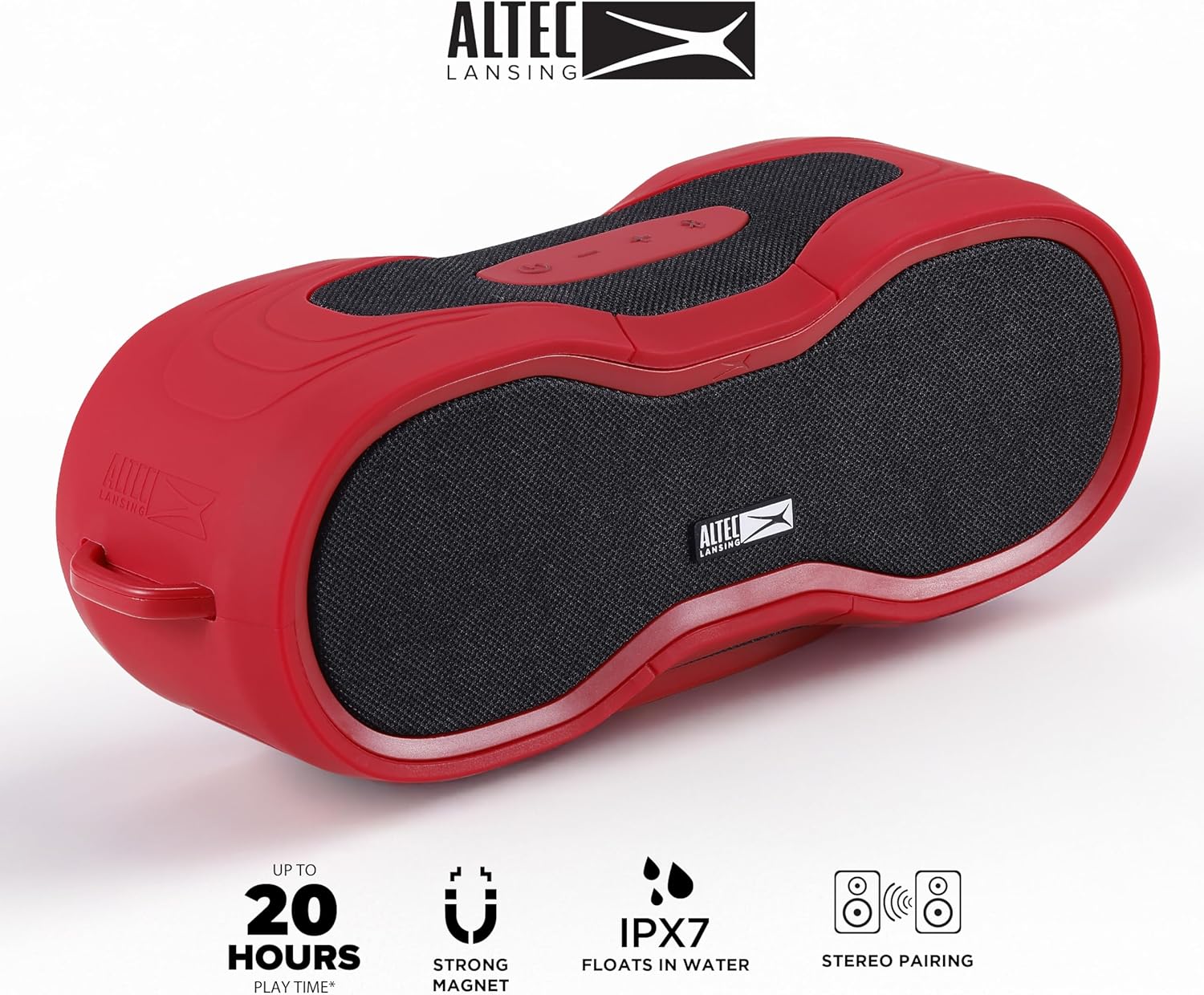 Altec Lansing BoomJacket XL speaker resting on a sandy beach