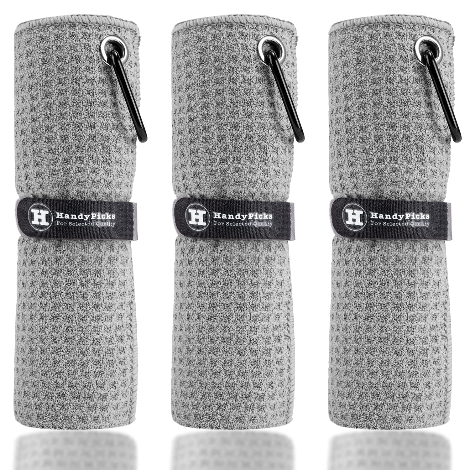 Handy Picks Microfiber Golf Towel (40 X 40CM) with Carabiner Clip, Waffle Pattern Golf Towel Hook and Loop Fastener - The Convenient Golf Cleaning Towel (Grey)