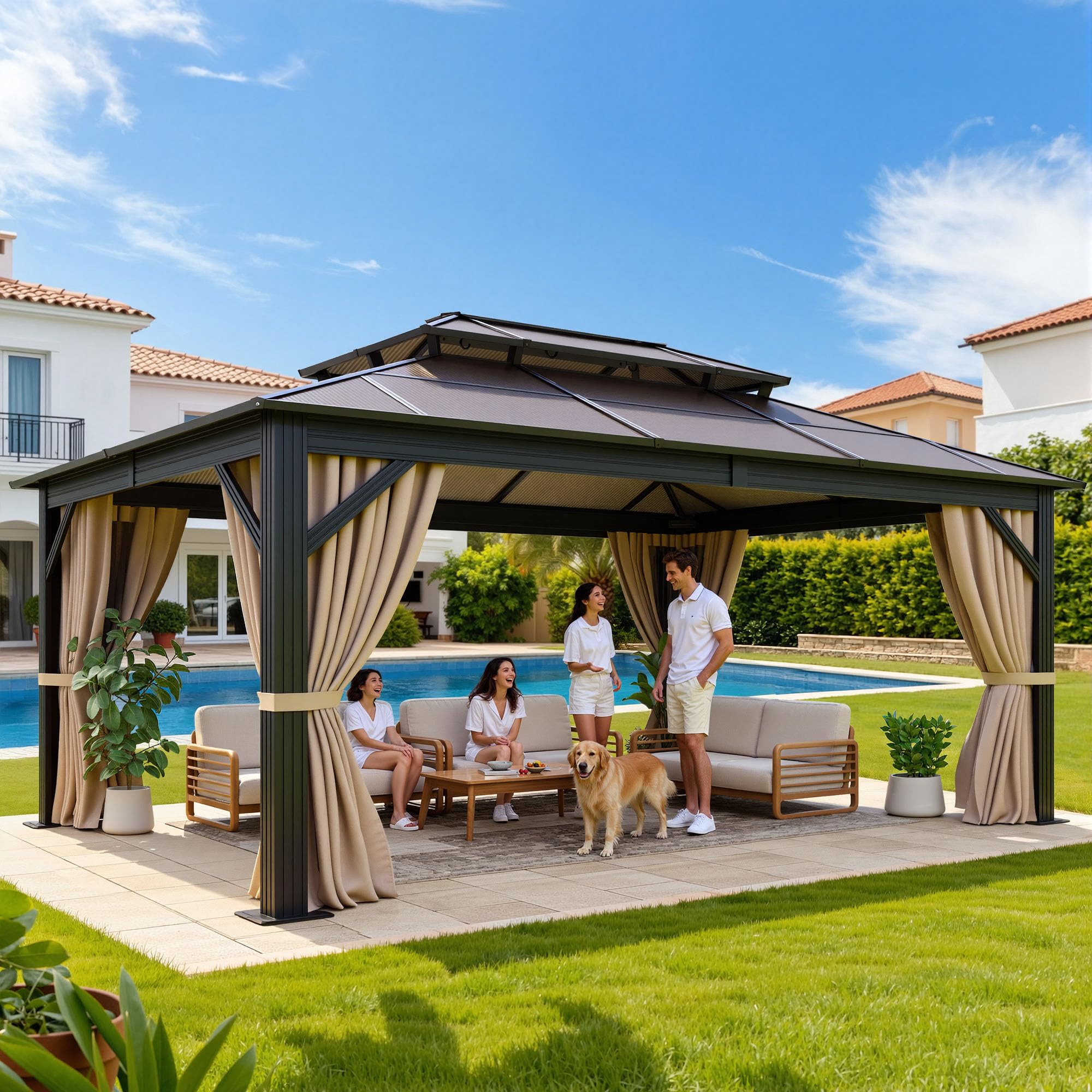Photo 1 of ***SOLD AS SET****** AS IS ALL SALES  FINAL NO RETURNS ***
YITAHOME 12x16FT Polycarbonate Gazebo Double Roof Canopy Outdoor with Netting and Shaded Curtains, Aluminum Frame Polycarbonate Hardtop Garden Tent for Patio, Backyard, Deck and Lawns, Brown