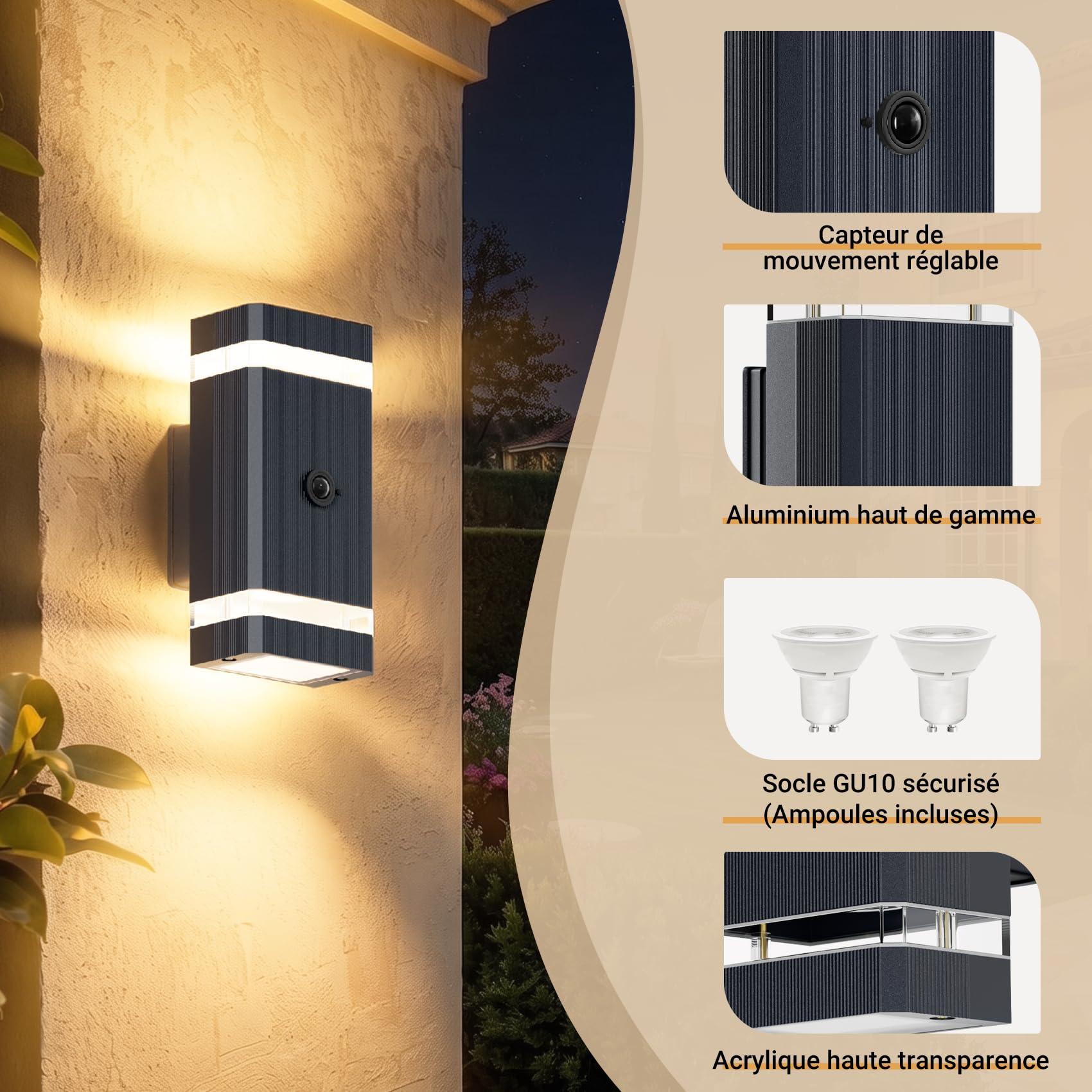 Aipsun Lampe Extérieure avec Détecteur de Mouvement, Applique Murale Led Gu10 avec Détecteur de Mouvement pour Éclairage Extérieur et Intérieur, Applique Murale à Lumière Haut et Bas, IP65,Anthracite