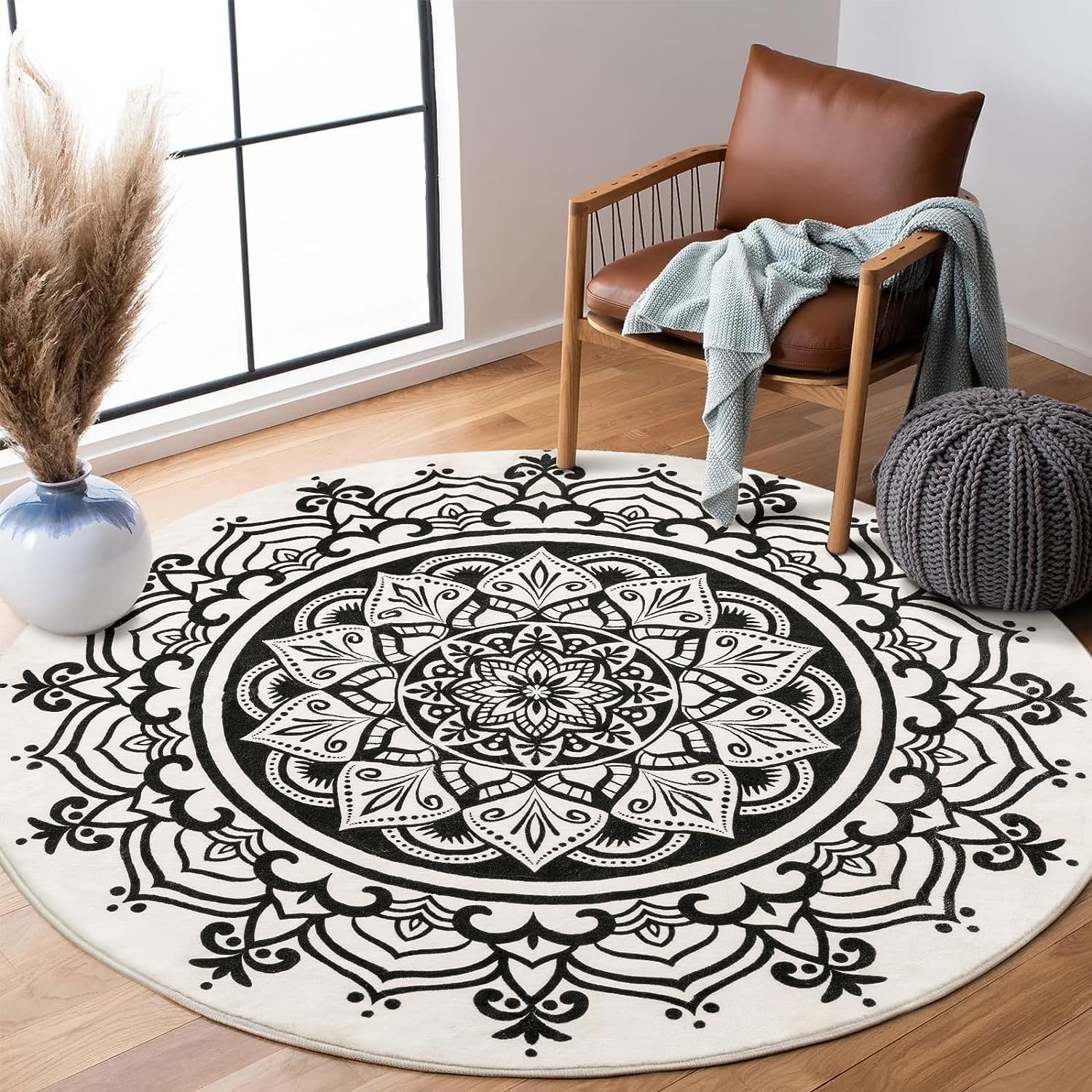 Carvapet Round Area Rug 122cm/4ft Soft Fluffy Circle Carpet Rug Short Pile Non Slip Washable Bohemian Mandala Floor Round Rugs(Black Mandala)