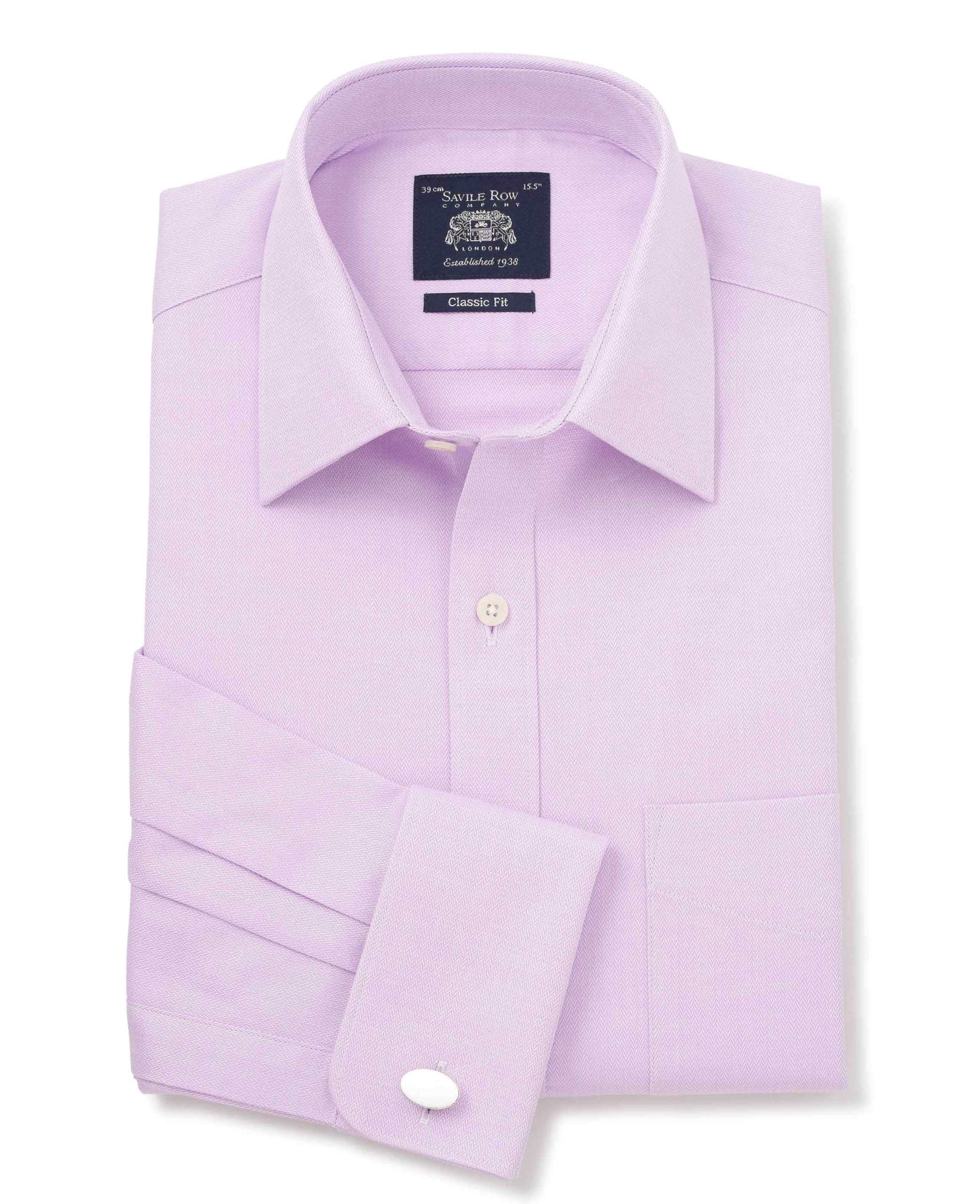 The Savile Row Company London Men's Lilac Classic Fit Cotton Herringbone Shirt - Double Cuff - 16.5" Collar - Standard