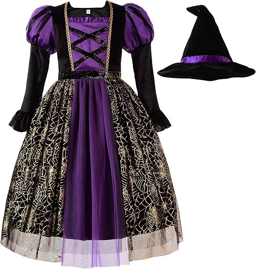 Amazon Relibeauty ハロウィン 仮装 子供 女の子 魔女 ウィッチ 魔法使い コスプレ 衣装 長袖 ワンピース キッズ コスチューム ドレス とんがり帽子付き 2点セット 100 110 1 130 140 150 キッズコスチューム おもちゃ
