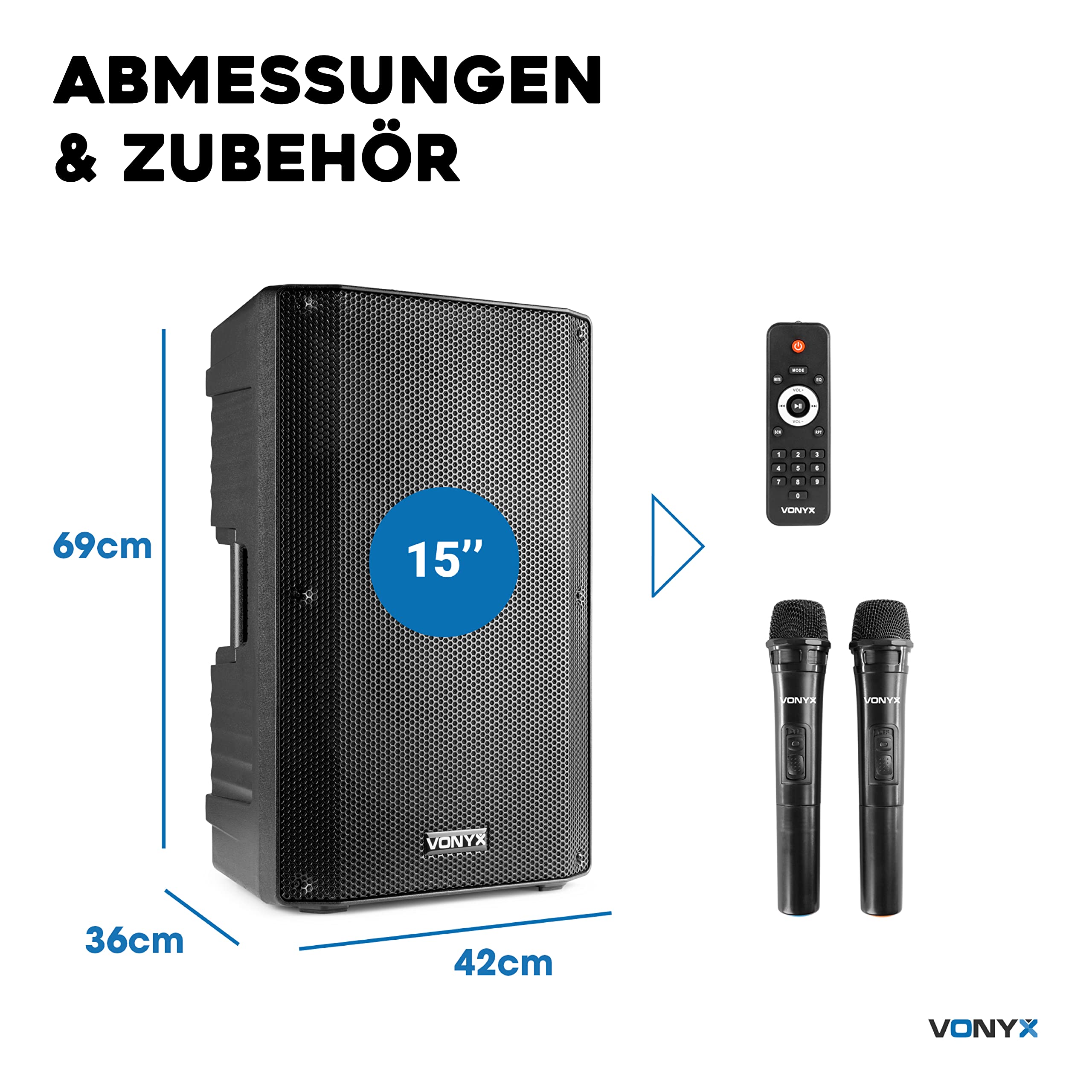 Vonyx VSA700 Partybox Bluetooth Lautsprecher Groß 1000W, 8 Std Akku, Mobile PA Anlage Komplettset mit 2 UHF Hand Mikrofonen und Fernbedienung - Mobile Musikbox Groß, USB, SD, MP3, Schwarz