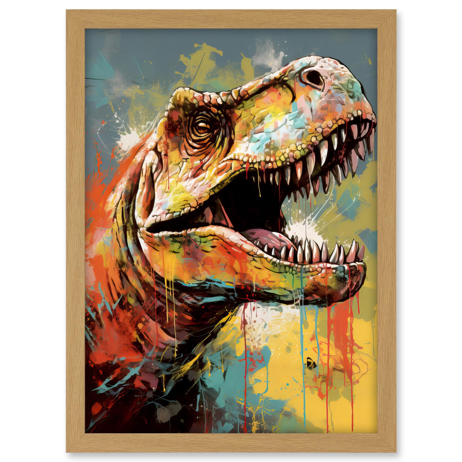Artery8 T-Rex Roaring Dinosaur Multicoloured Portrait Artwork Framed A3 Wall Art Print