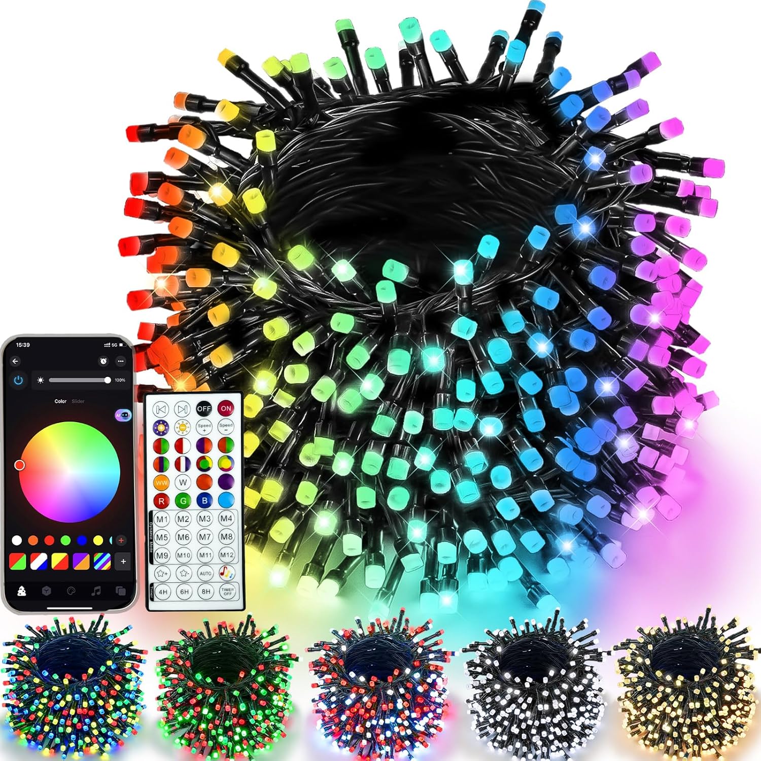 YIQU Smart Color Changing Christmas Lights with remote and app interface