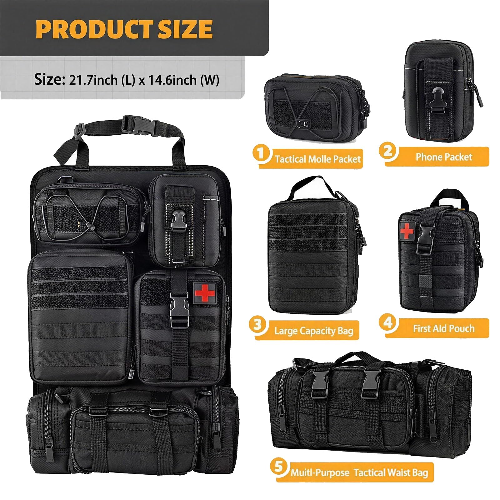 6-in-1 Tasca Tattica per Sedile Posteriore, Multifunzione per Auto | Pannello MOLLE Auto, 5 Tasche Rimovibili, Grande Organizzatore Posteriore per Tutti - Tieni in Ordine.(Brown)