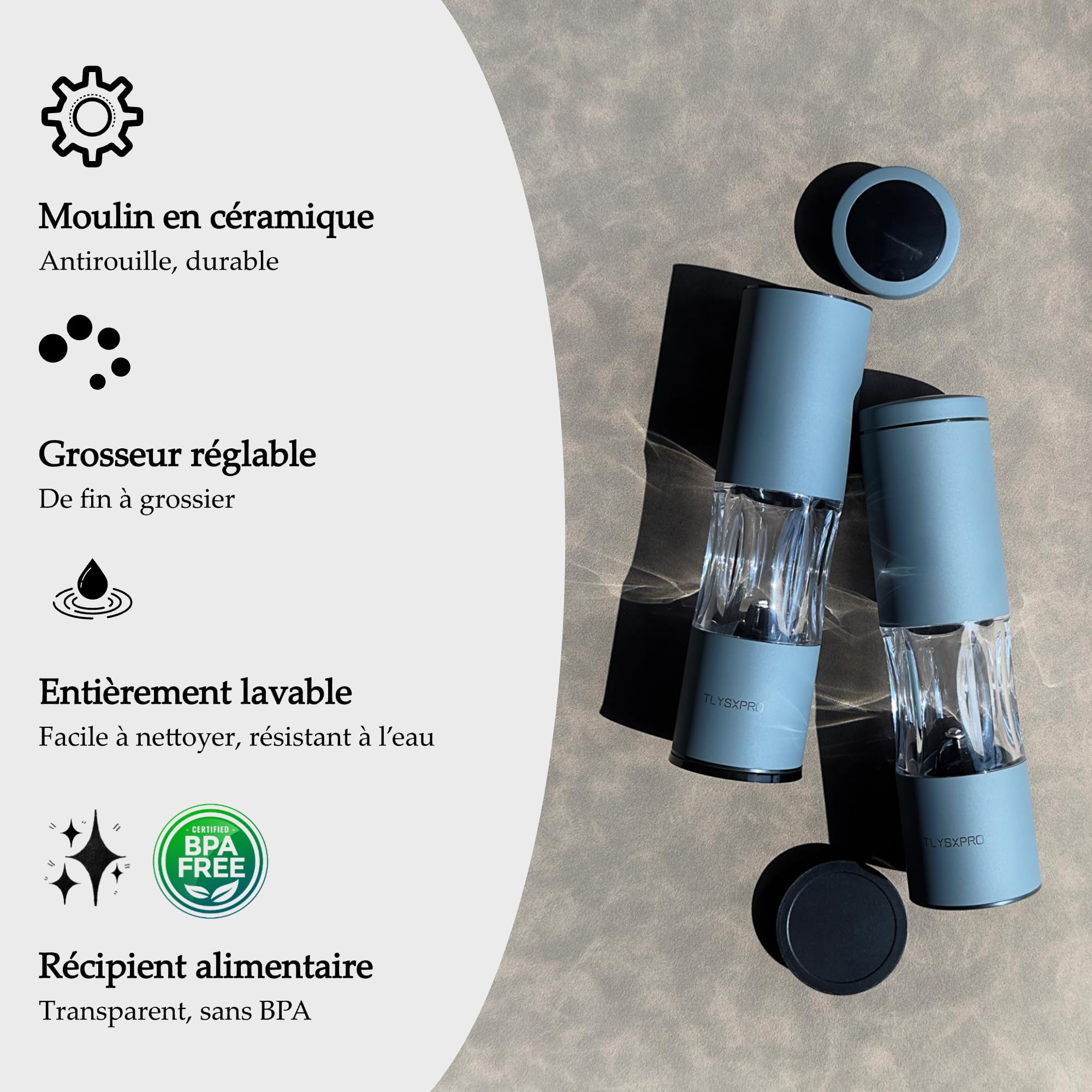 TLYSXPRO Ensemble de Moulins à Sel et Poivre avec Mouture Réglable | Moulin à Poivre Manuel avec Design Rechargeable | Noyau en Céramique | Indispensable de Cuisine (2 Pièces, Sauge)