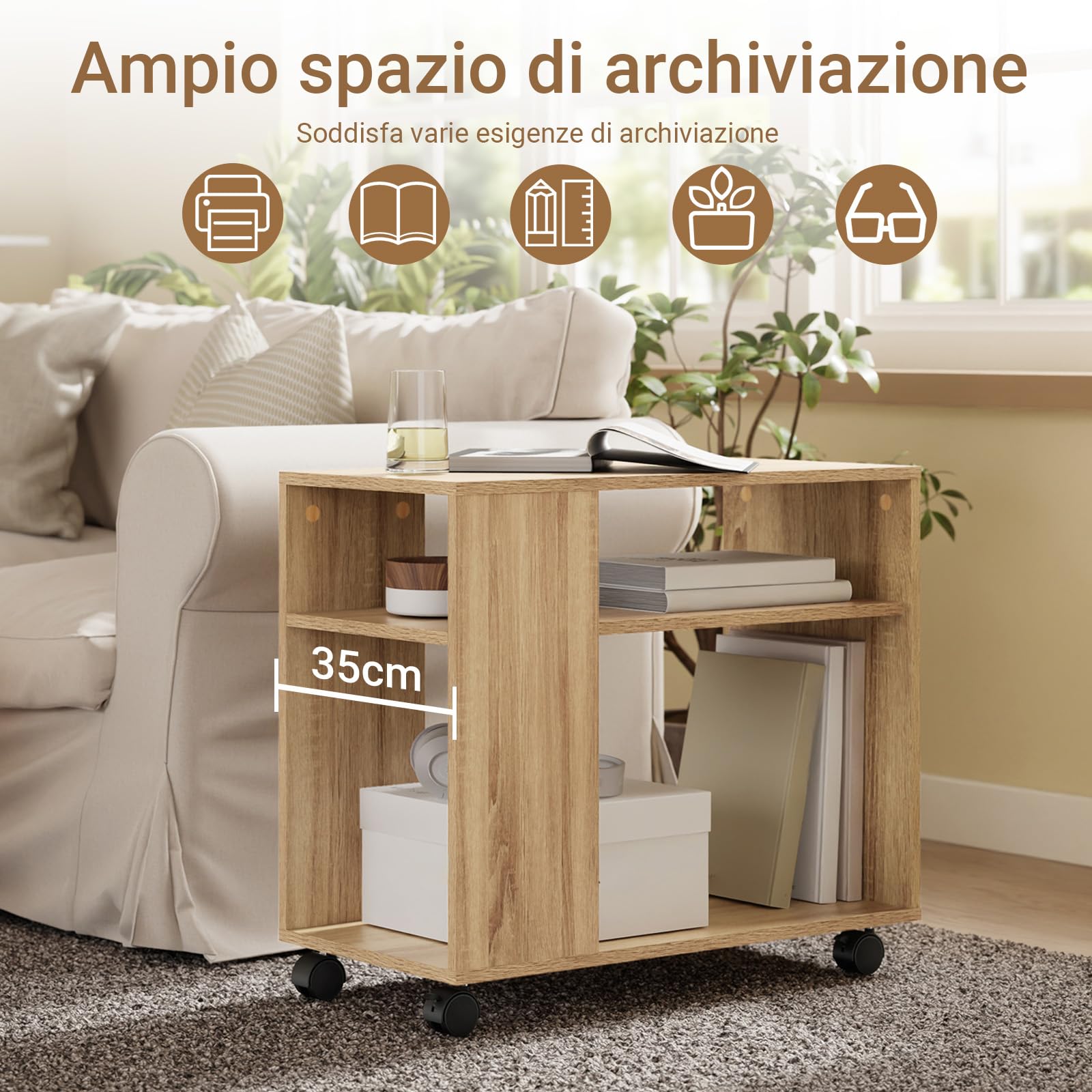 SoBuy Tavolino con rotelle, Tavolino rotante a 2 livelli con ripiani, Libreria mobile per soggiorno, camera, ufficio, L70 x P35 x H60cm Naturale FBT34-N
