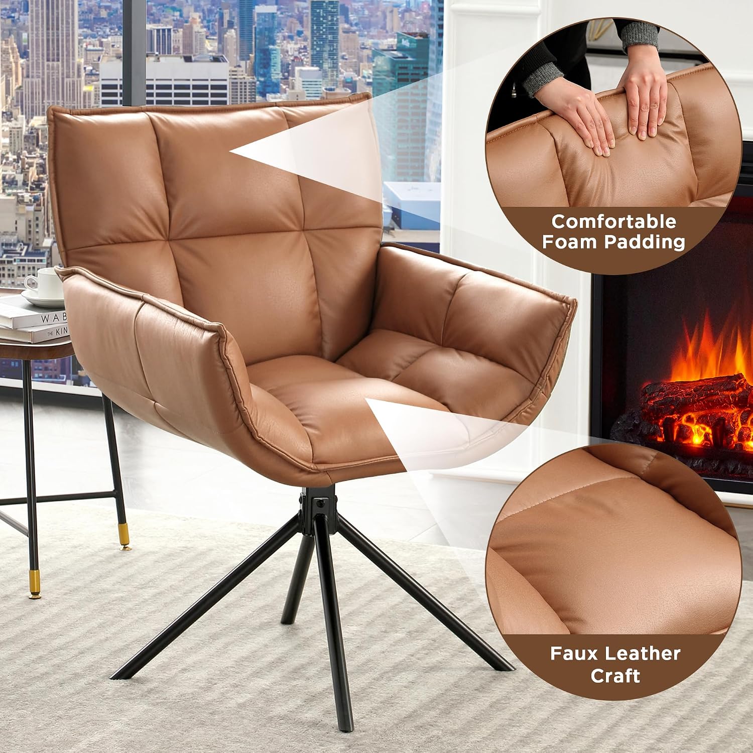 Desk Chair No Wheels, 360° Swivel Mid Century Modern Desk Chairs, Upholstered Faux Leather Swivel Accent Chair with Arms, Criss Cross Office Chair Without Wheels(Brown, x1)