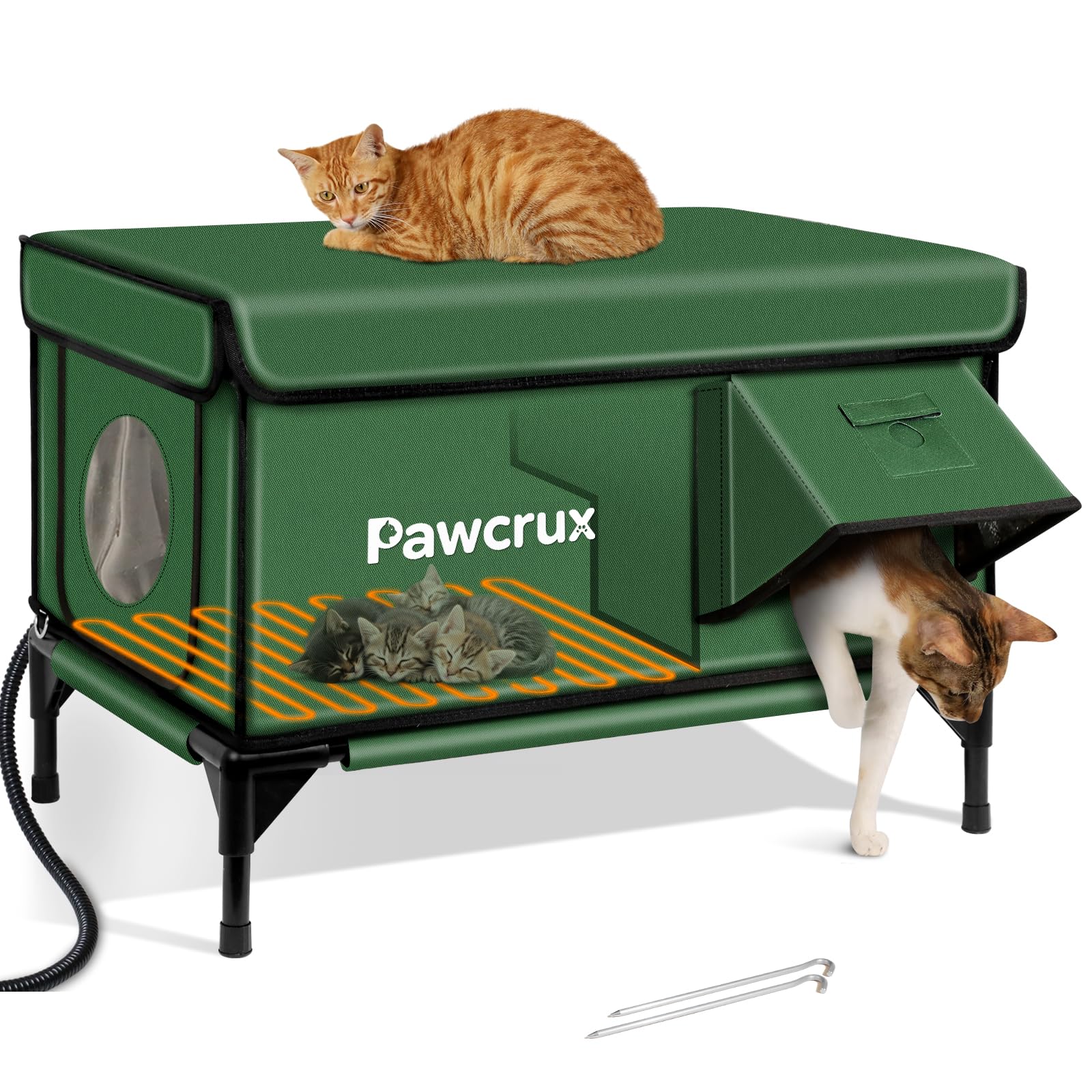 Photo 1 of Weatherproof Heated Cat House for Outdoor in Winter, Heated Cat Bed Kitty Shelter with Cat Heating Pad, Insulated & Safe Escape Door, Warm House for Outside Stray Cat (Green, 17"x25"x17")