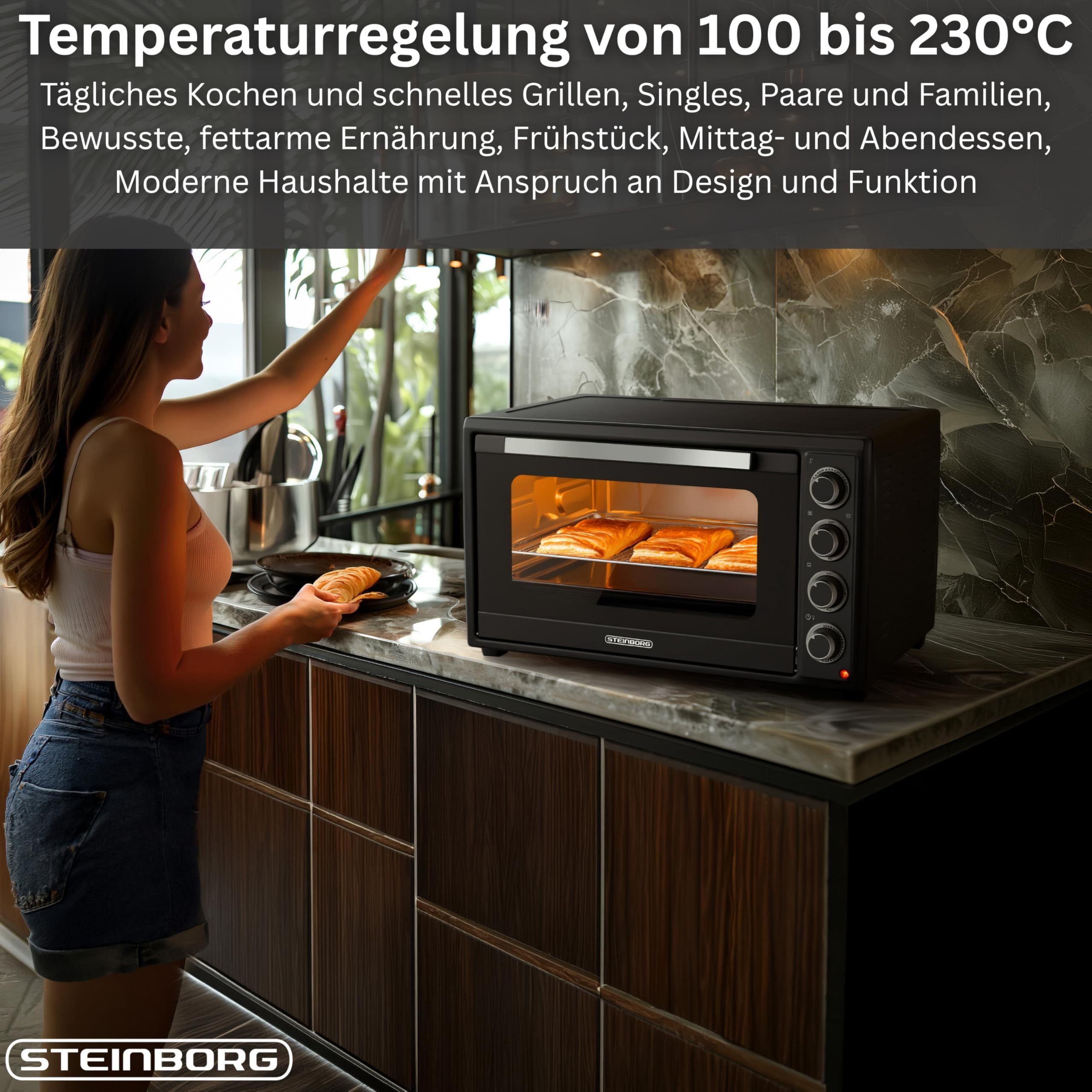 Steinborg® Mini Backofen 60 Liter mit Umluft & Drehspieß, 2000W Tischbackofen groß XXL, 100–230°C, 60 Min Timer, Ober-/Unterhitze & Konvektion, Pizzaofen 3-in-1 inkl. Zubehör