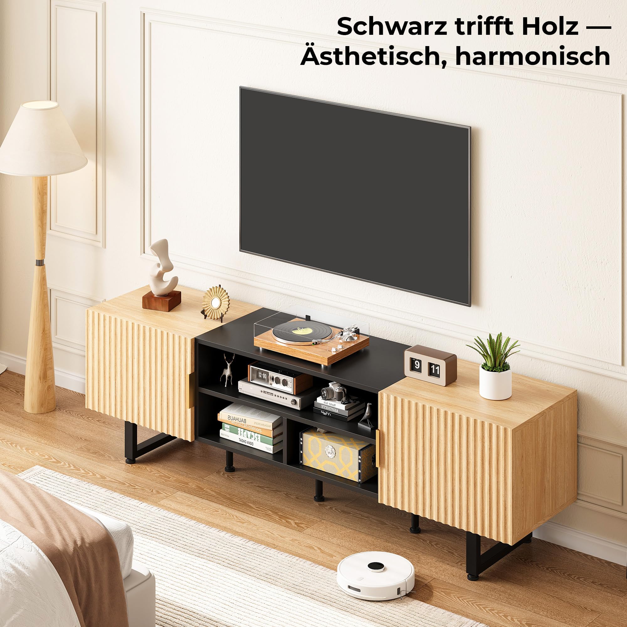 IRONCK TV Schrank 180cm Lowboard für Fernseher bis zu 65/75/80 Zoll, Fernsehtisch mit 2 Türen 3 offenen Fächern, Fernsehschrank Holz, Modern TV Board für Wohnzimmer, Schlafzimmer (Walnussholz)