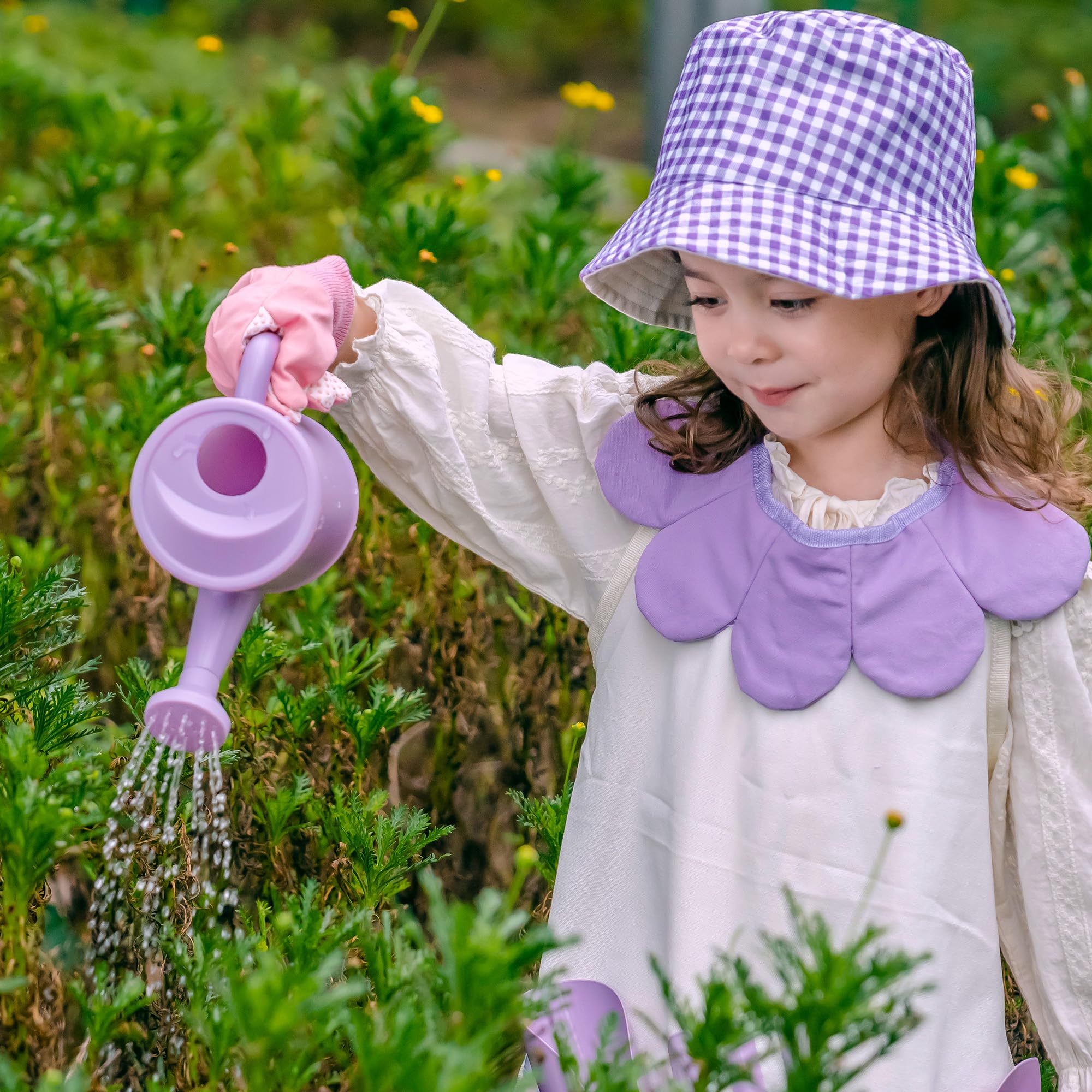 ROBUD Set da giardinaggio per bambini, 17 pezzi, con annaffiatoio per bambini, grembiule, forchetta e pala da giardino, paletta cilindrica, guanti da giardinaggio e borsa tote, giocattoli da giardino