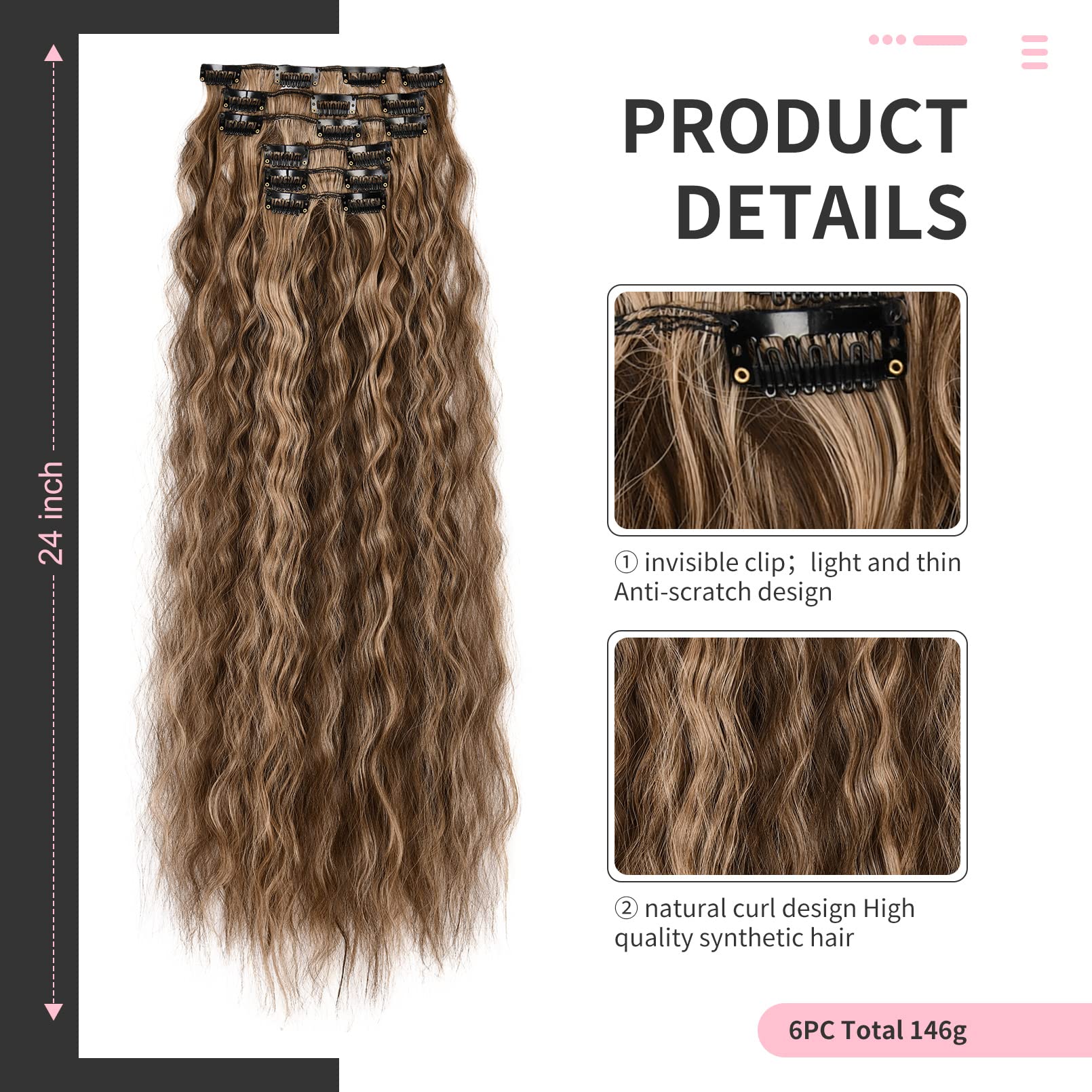 FLUFYMOOZ Clip In Hair Extensions,6PCS Hair Extensions Long Mermaid Waves Wavy Synthetic Clip On Hairpiece For Women 24 Inch (Deep Brown with Dirty Blonde) - Image 2