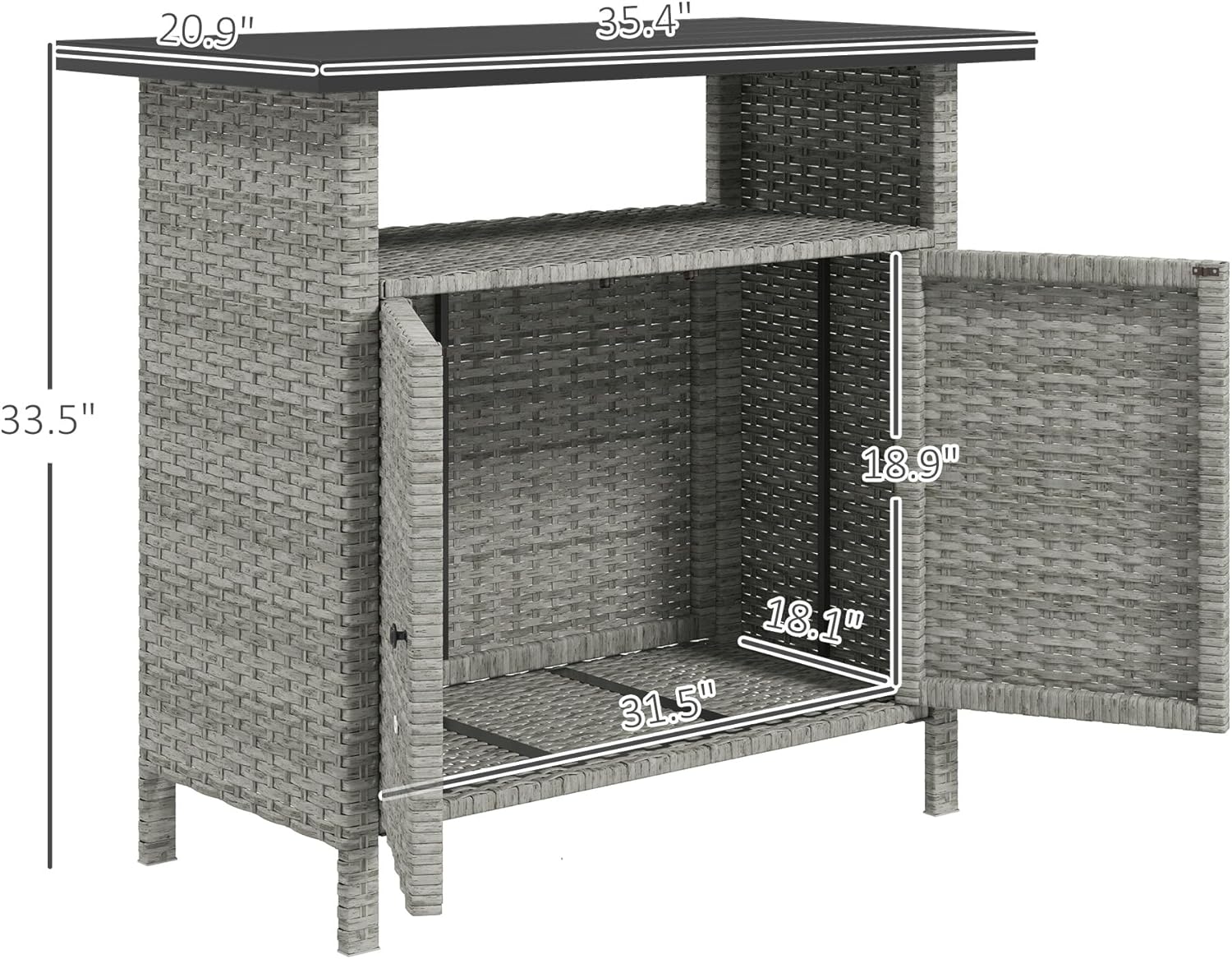 Outsunny Wicker Outdoor Storage Cabinet, Rattan Outdoor Bar Table with 2 Doors and Shelf, Outdoor Buffet Cabinet Sideboard with Metal Slatted Countertop for Poolside, Patio, Backyard, Gray