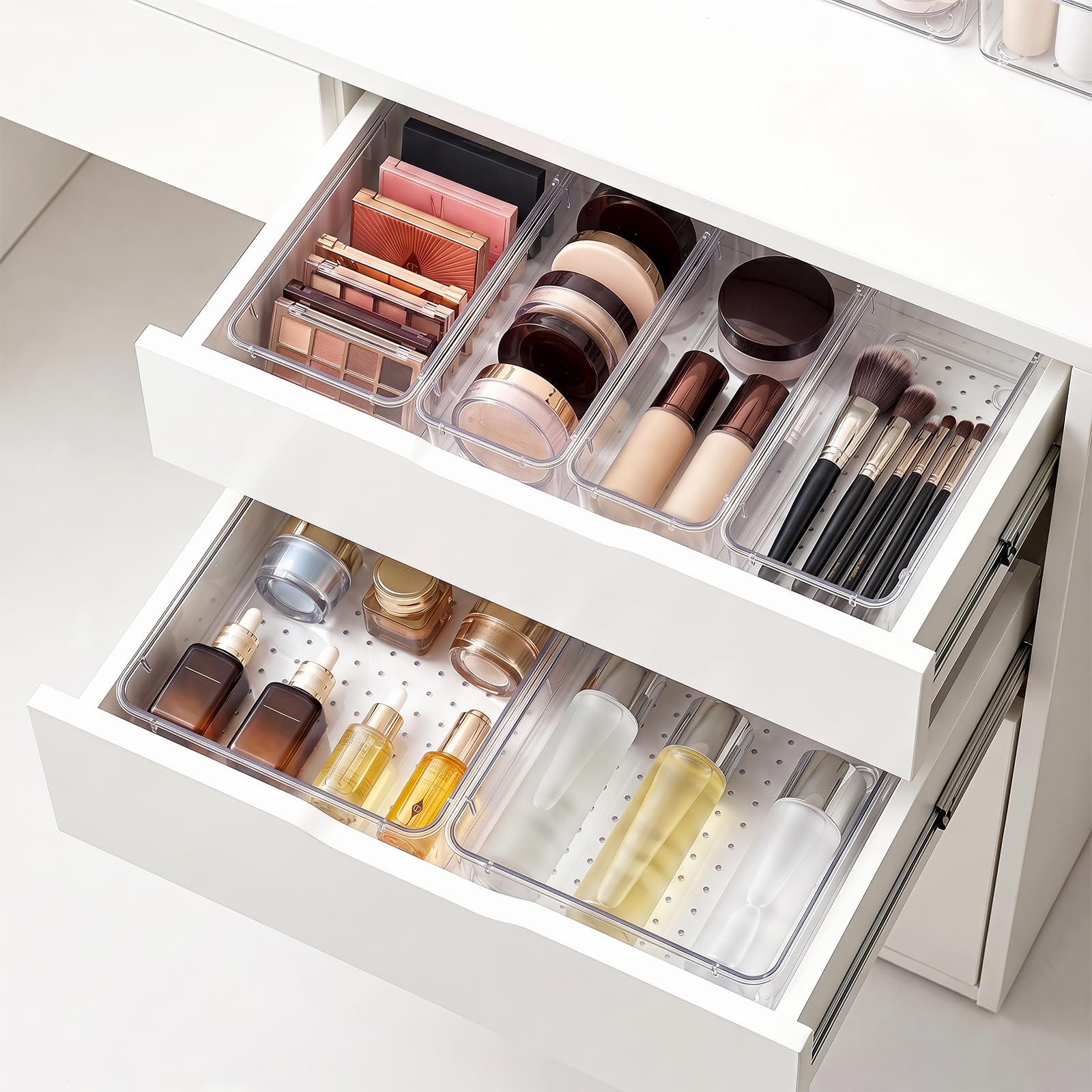 Set di 25 organizer trasparenti per cassetti, 4 dimensioni, impilabili, organizer per cassetti da bagno e scrivania, per trucchi, gioielli, utensili da cucina, forniture per ufficio e piccoli