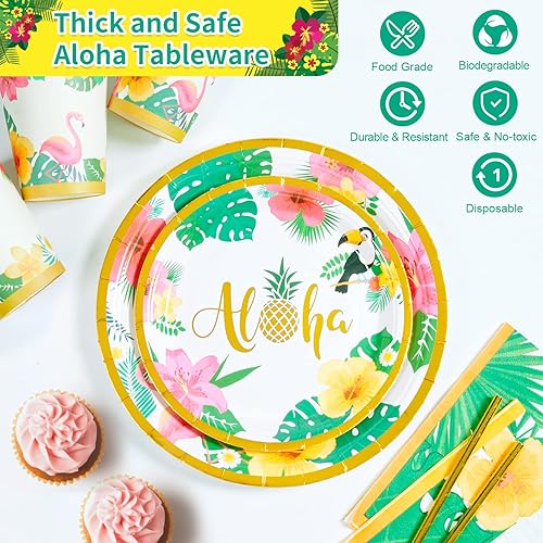 Miniatura 3 de Larchio Platos y servilletas hawaianos Luau para 20 invitados, decoraciones de fiesta Aloha, platos desechables tropicales, servilletas para verano,