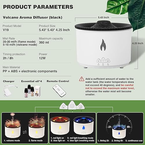 Miniatura 5 de Difusor de volcán de aceite esencial, difusor humidificador de volcán con 4 aceites esenciales, 2 modos de niebla, temporizador y apagado automático