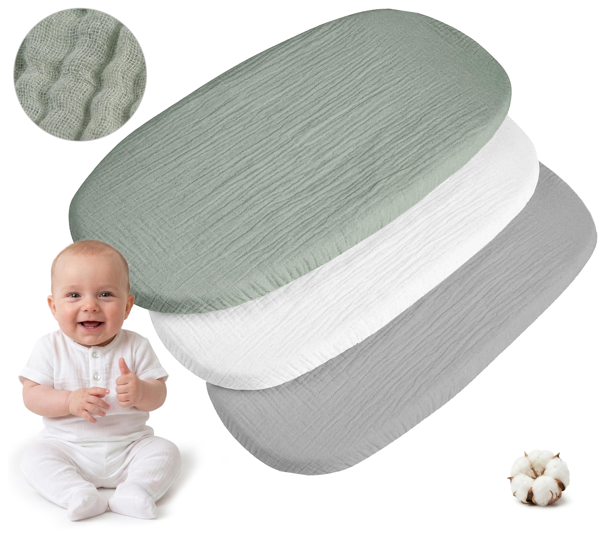 Medi Partners Lenzuola Lettino Culla 86x40 Set 3 Lenzuolo Navicella Neonato Carrozzina con Angoli - 100% Cotone Mussole Passeggino Materasso Fitted Sheet Coprimaterasso (Oliva-Bianco-Grigio)