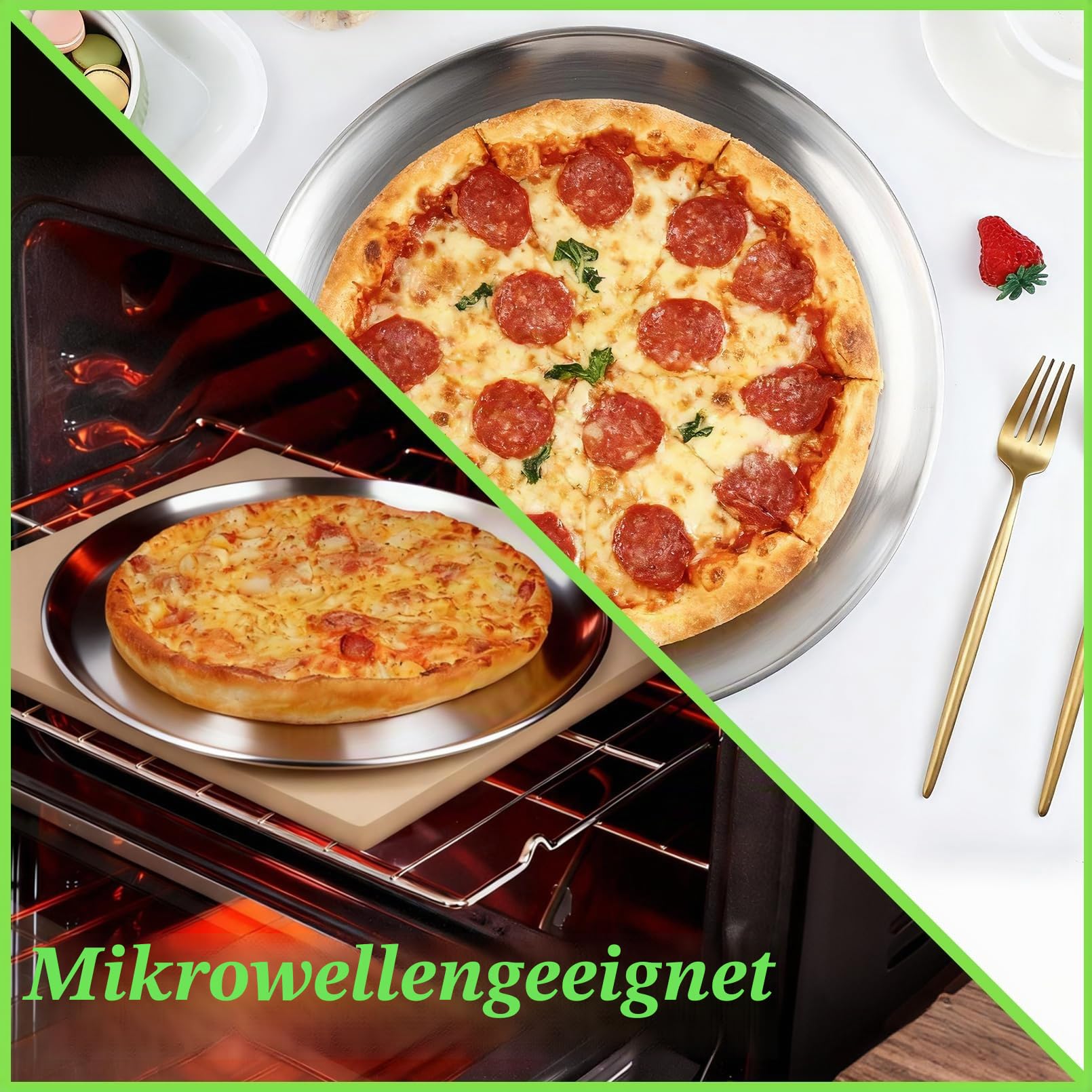 Jeffbaubl 2 Stück Pizzablech, Rund Edelstahl Pizzaform, Pizza Backblech für Backen Servieren, Pizza Blech aus Edelstahl, Einfach zu Reinigen, Spülmaschinenfest, Langlebig, 34x2,3 cm