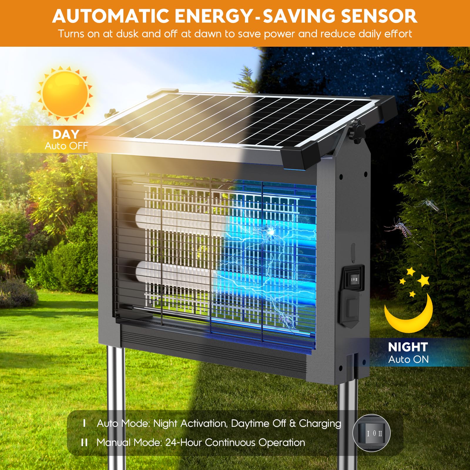 Anysun Destructeur d'Insectes Solaire, Lampe Anti Moustique Extérieur 4500V | Batterie 4000mAh, Rechargeable USB, IPX5, Capteur Crépusculaire, Câble 3 m, pour Terrasse, Balcon, Jardin, Camping