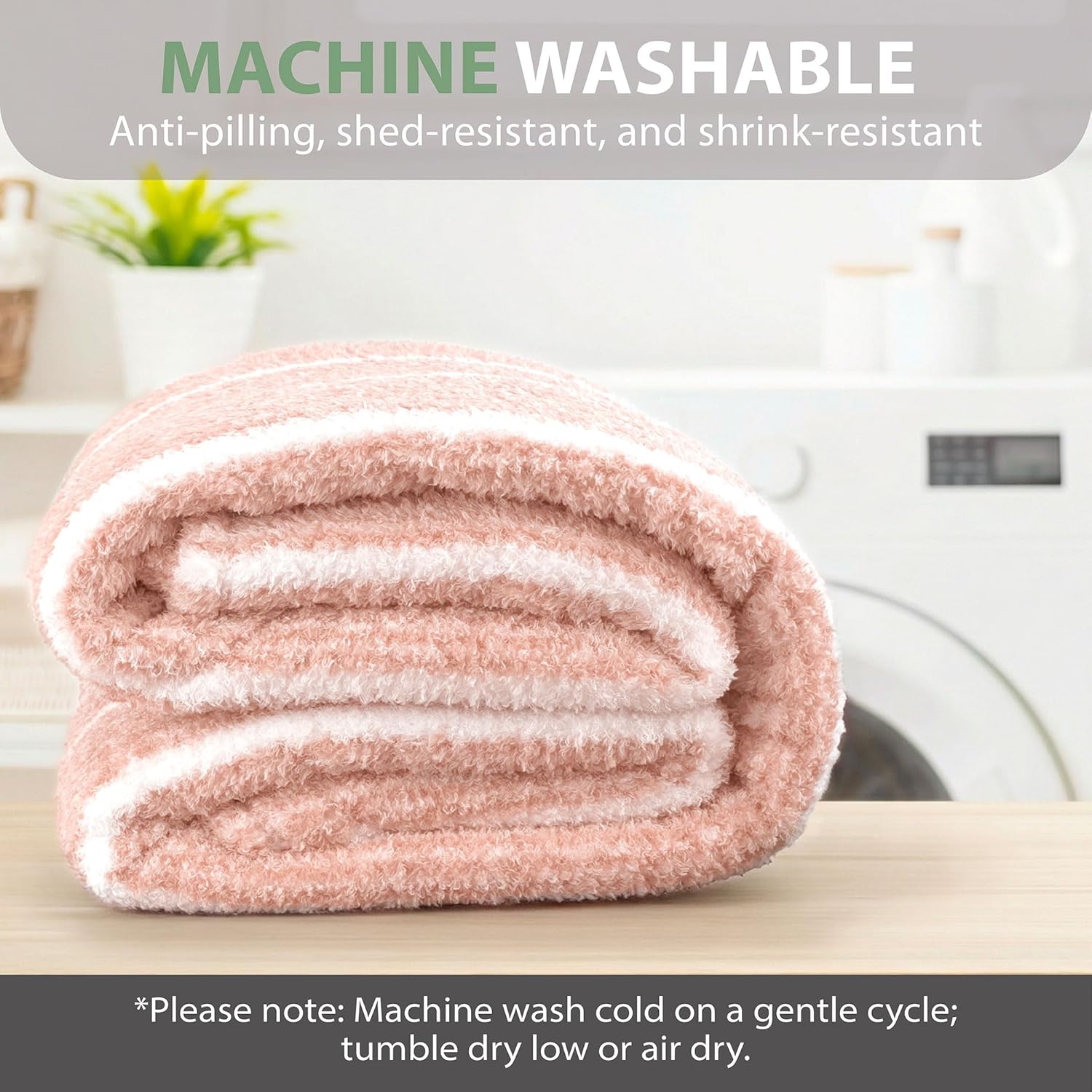 DEZ FURNISHINGS Oversized Cozy Knit Look Cloud-Soft Plush Printed Fleece Throw Blanket, Lightweight & Breathable, Queen (90" x 90"), Peach Pink Stripe - Image 7