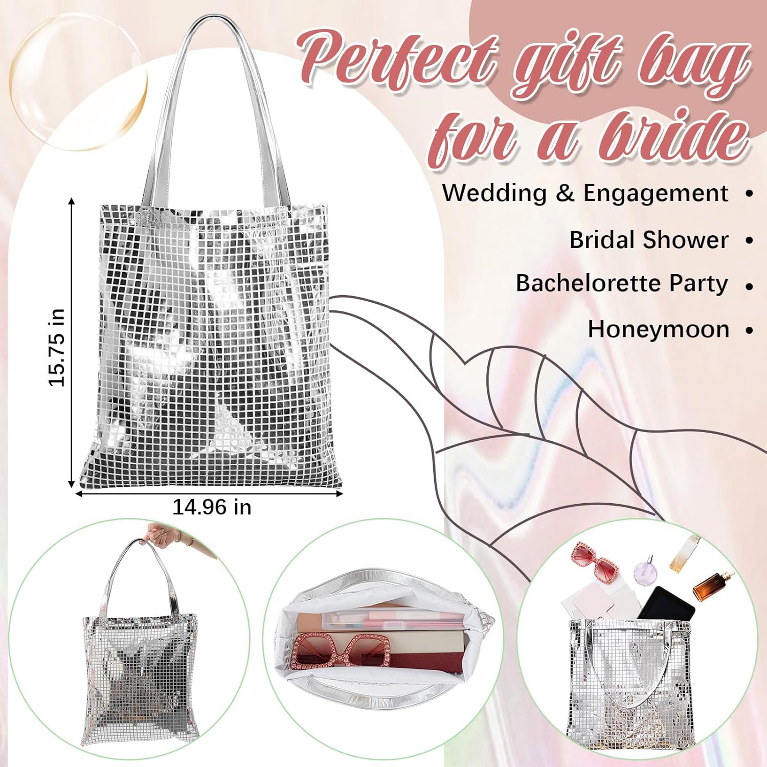 Paterr Disco Silver Tote Bag 15.75 x 14.96'' Sequin Tote Bag 80s 90s Party Silver Glitter Bachelorette Gift Reusable Grocery Shopping Shoulder Bags for Retro Disco Party Wedding Bridal Shower Favors - Image 4