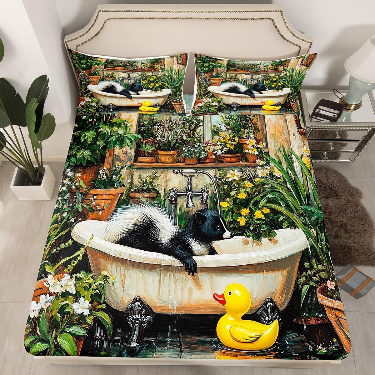 Erosebridal Funny Skunk Fitted Sheet Twin Size,Cartoon Skunk in Bathtub Bedding Set for Child Kids Boys Girls,Vintage Stuffed Animal Bed Sheets,Flowers Duck Decor Sheets,2 Piece