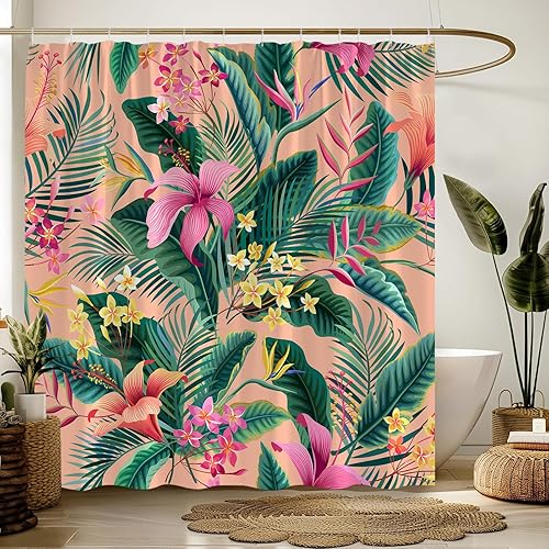 Miniatura 10 de Cortina de ducha con hojas tropicales, palmera verde, hoja de plátano, planta floral rosa, selva tropical, naturaleza, moderna, estética, decoración