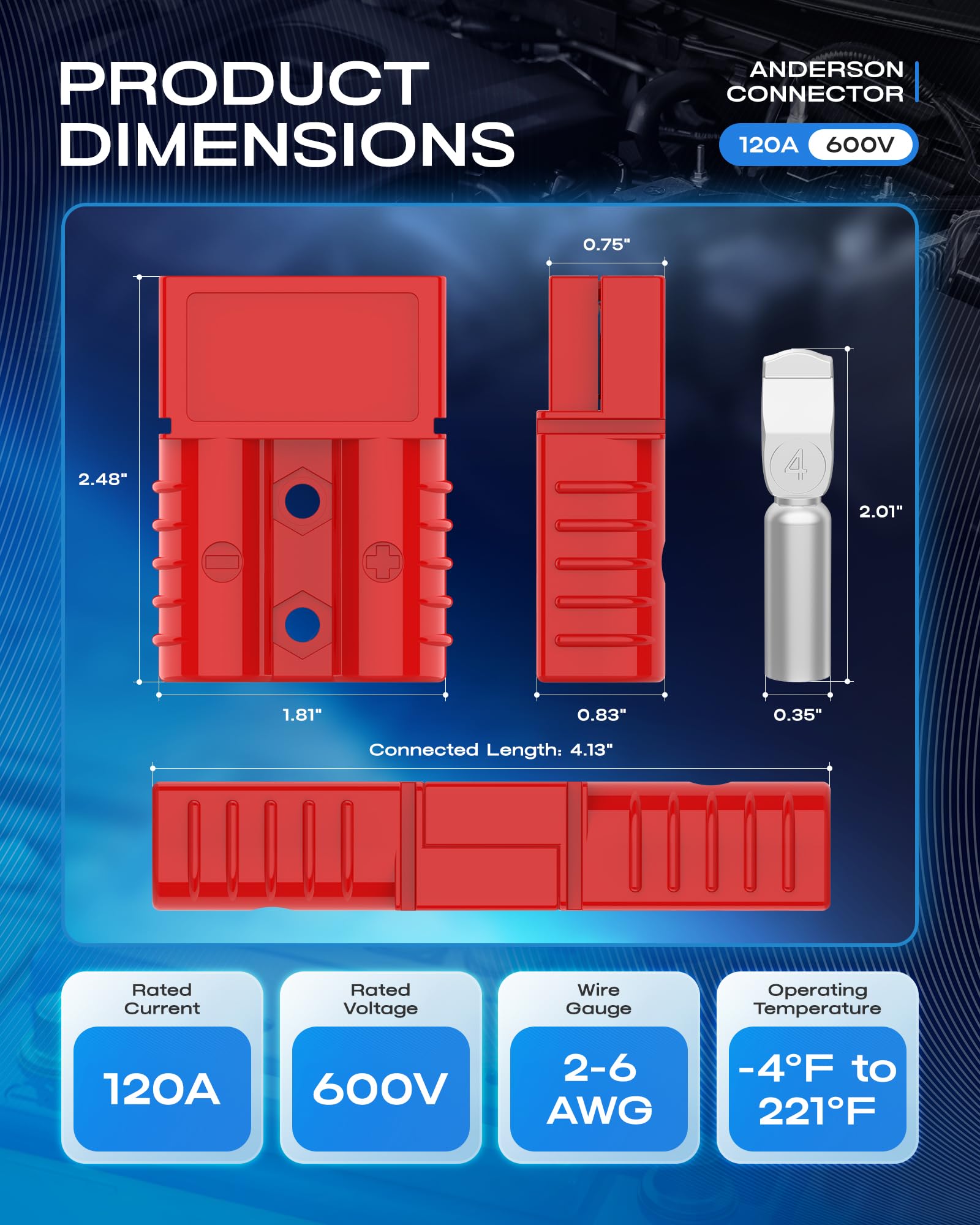 Anderson Connector 120A 600V Battery Quick Connect/Disconnect for 2-6 AWG Cables, Anderson Plug for Winch, Trailer, RV, Forklift (Red, 2 PCS) - 2