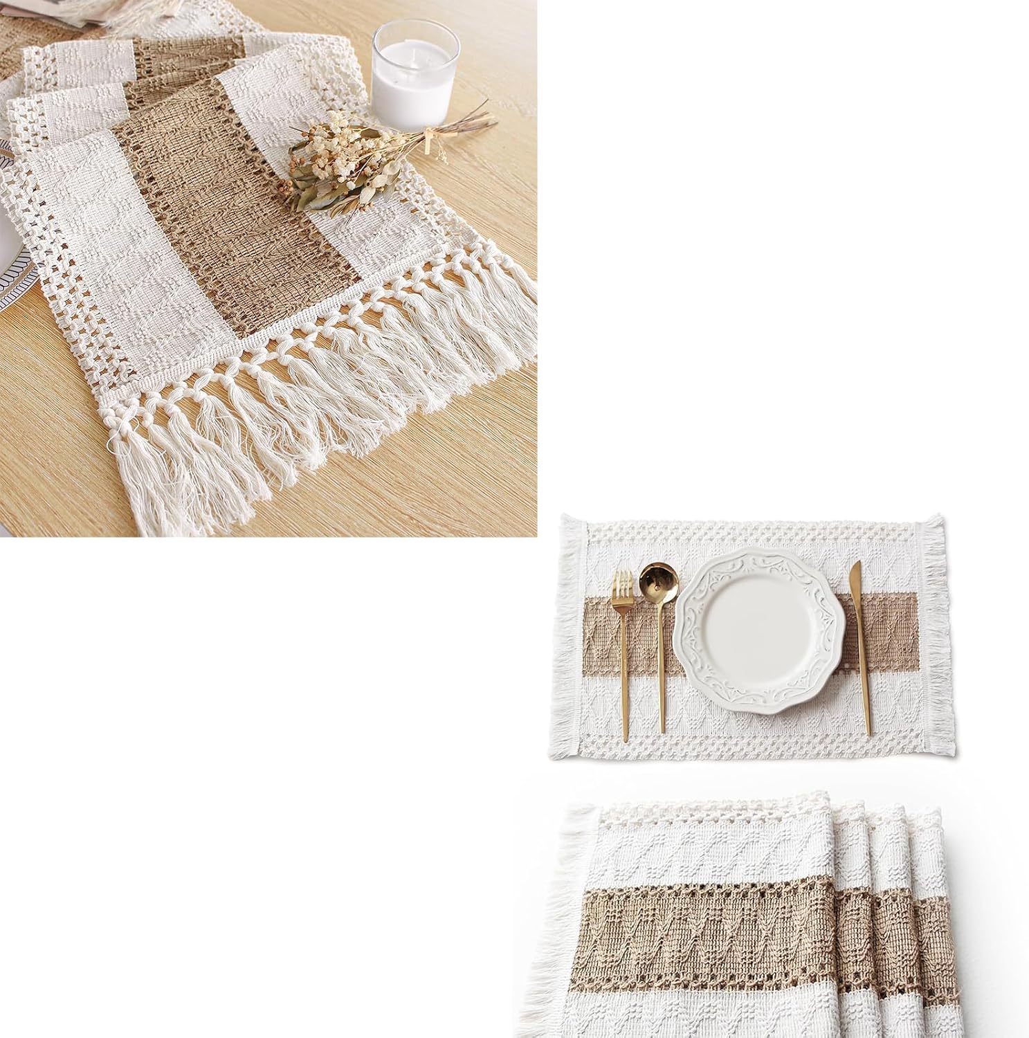 FEXIA Boho Macrame Table Runner and FEXIA Boho Placemats Set of 4 for Home Decor Farmhouse Decor