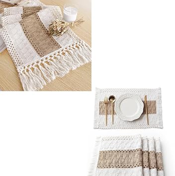 FEXIA Boho Macrame Table Runner and FEXIA Boho Placemats Set of 4 for Home Decor Farmhouse Decor