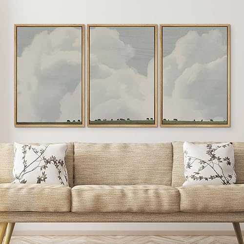Miniatura 2 de SIGNWIN Lienzo enmarcado para pared, juego de arte con nubes mínimas, pastando vacas de granja, naturaleza, ilustraciones de área silvestre, arte