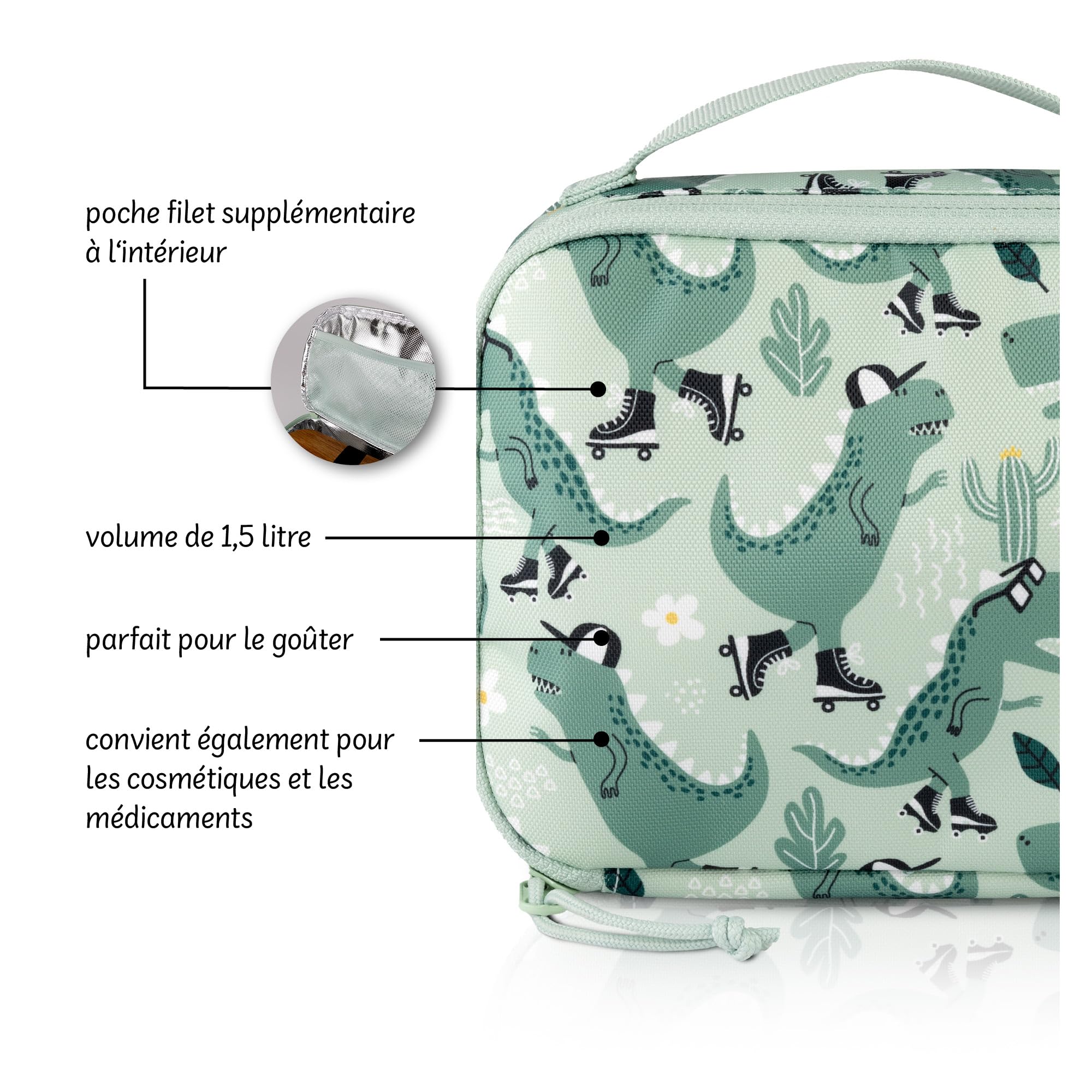 Sac Isotherme Repas Enfant Vert Dinosaure 21,5 x 14,5 x 6,5 cm