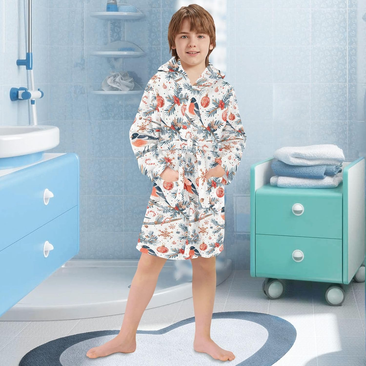 senya Red Bird on Branches Toddler Hooded Bathrobe Kids Soft Plush Bath Towel Robes for Boys Girls 2-12 Years
