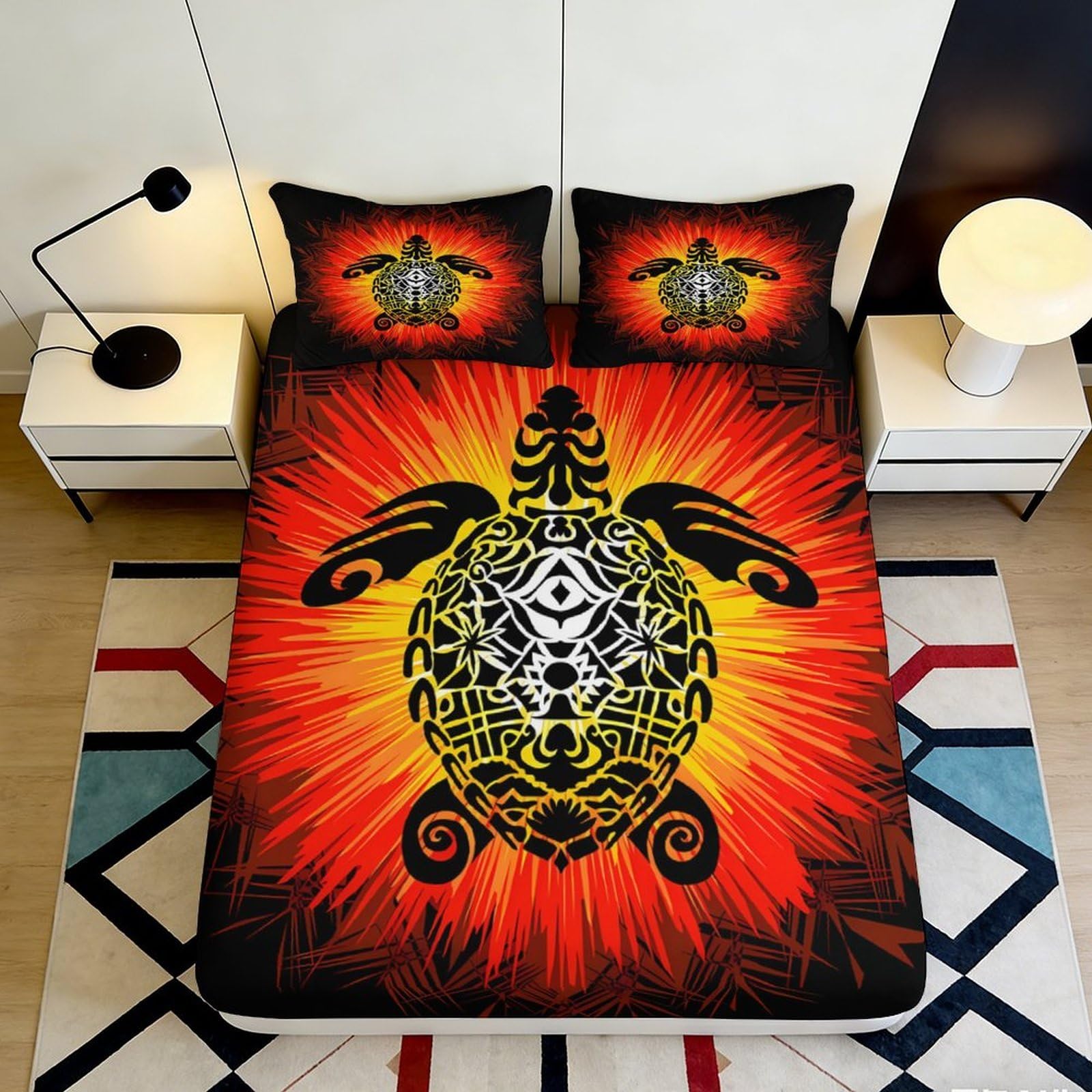 3D Printed Tribal Turtle Fitted Sheet Microfiber Vibrant Orange Bed Sheet for Bedroom Dorm Mattress Decor 90x200x25cm