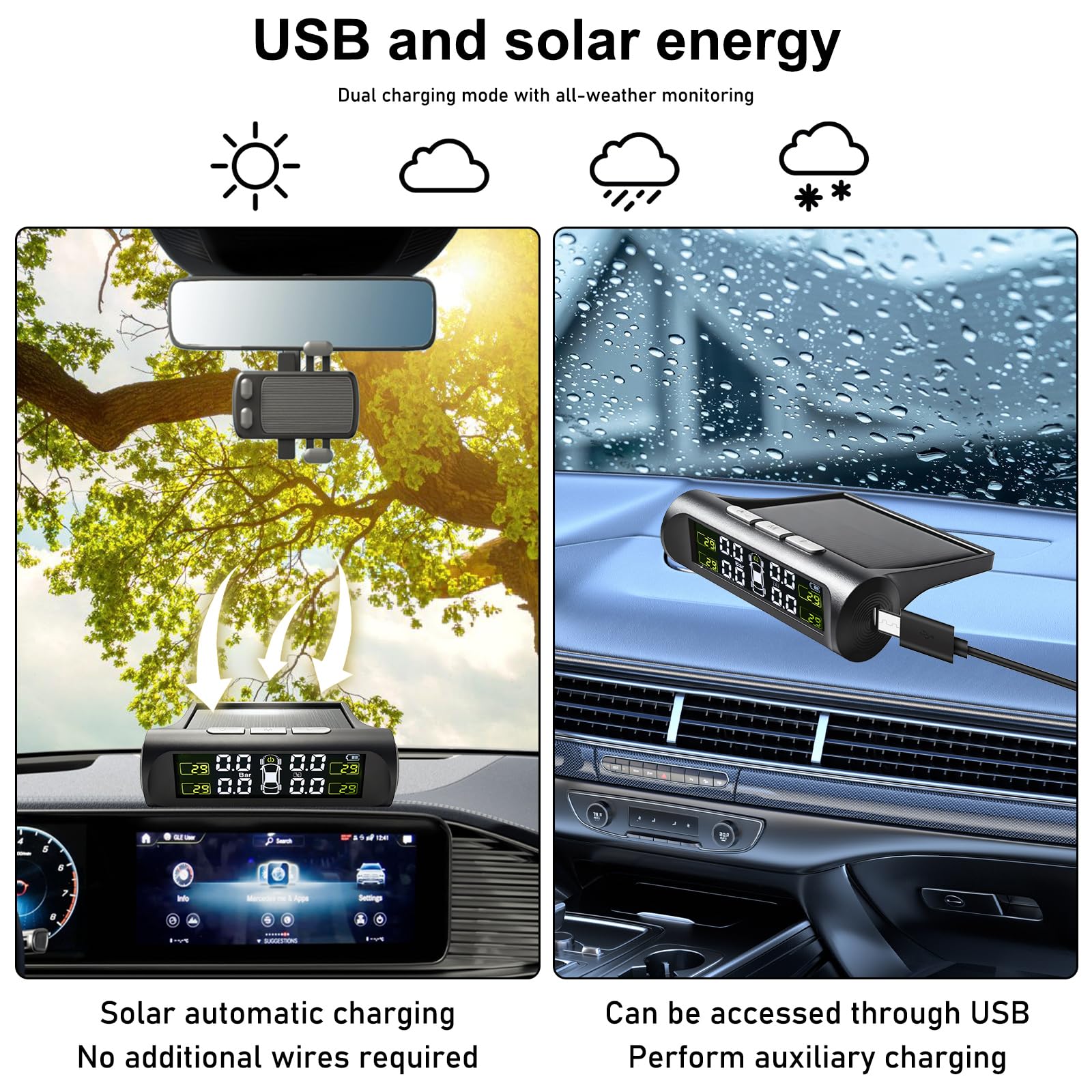 GBKDQQ Sistema di controllo della pressione dei pneumatici TPMS 4 sensori esterni, veicolo e allarme di temperatura, sistema di controllo della pressione degli pneumatici a energia solare, display