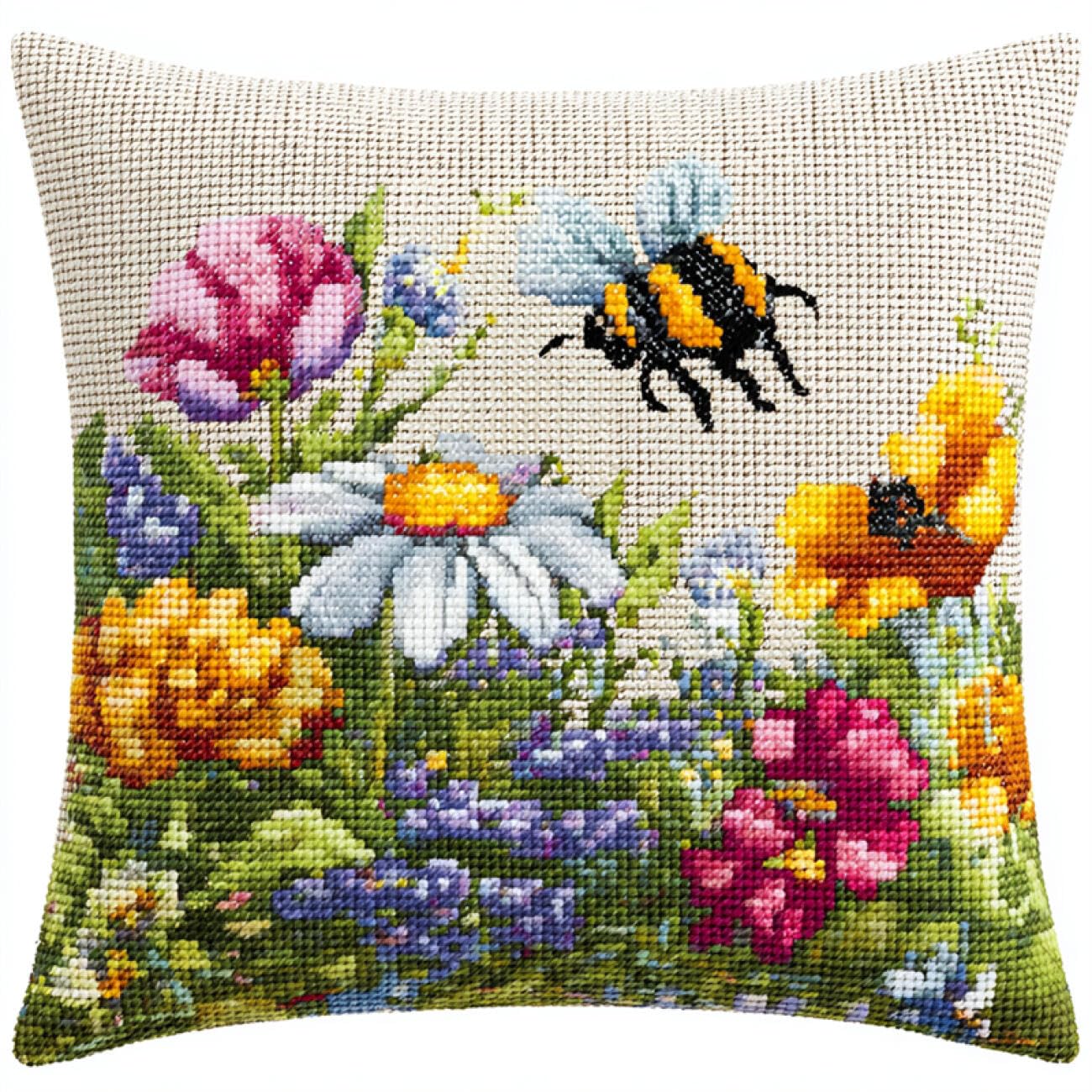 Henypt 9CT Cross Stitch Cushion Kits for Adults Bees and Flowers DIY Cushion Embroidery Kit Needlepoint Handmade Needlework Cushions Kits Stitched Pillow Cover Set for Adults Beginners 50x50cm