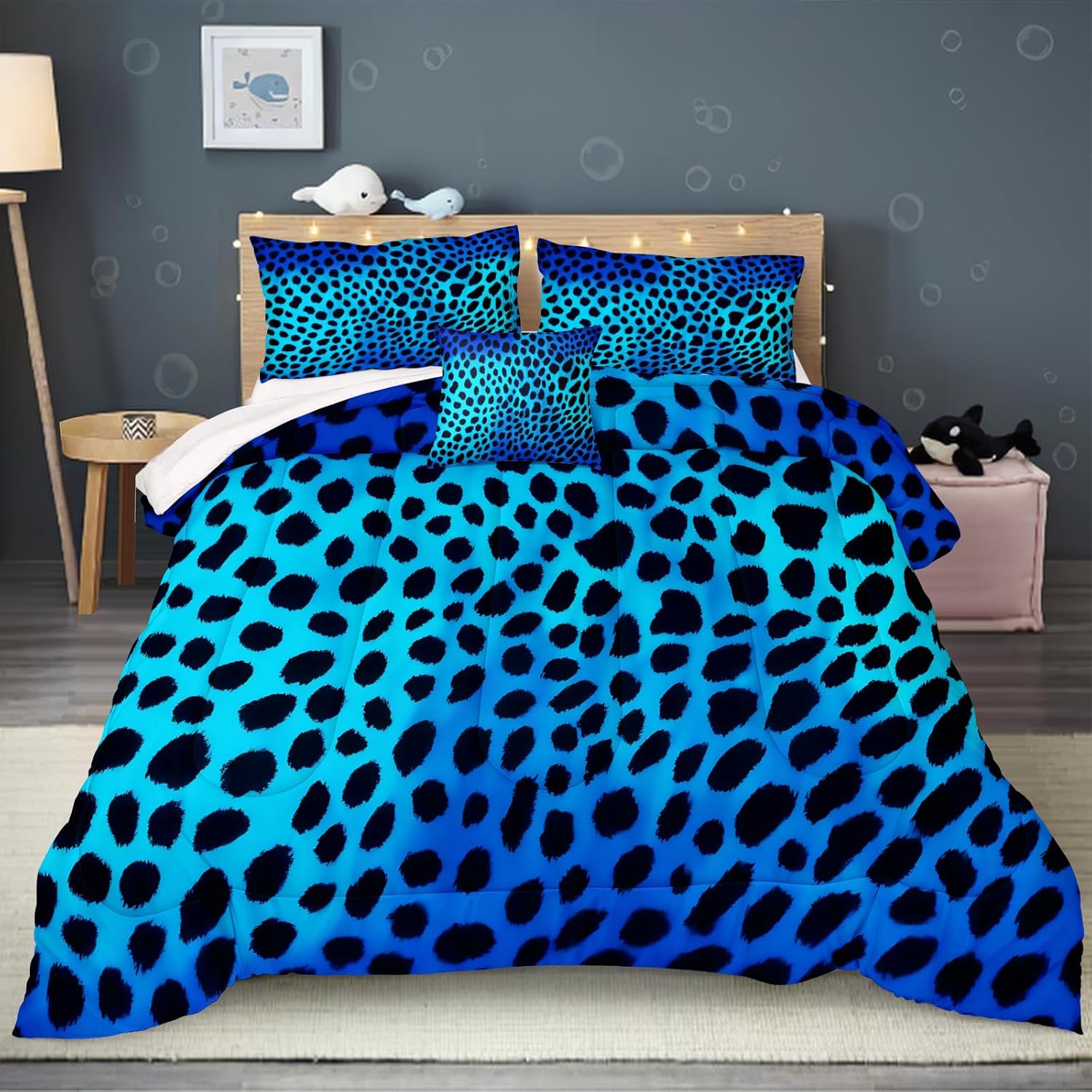 Leopard Print Comforter Black Blue Bedding Set Blue Cheetah Animal Print Texture Wild Leopard Pattern Super Soft Cozy Forest Comforter Set Queen