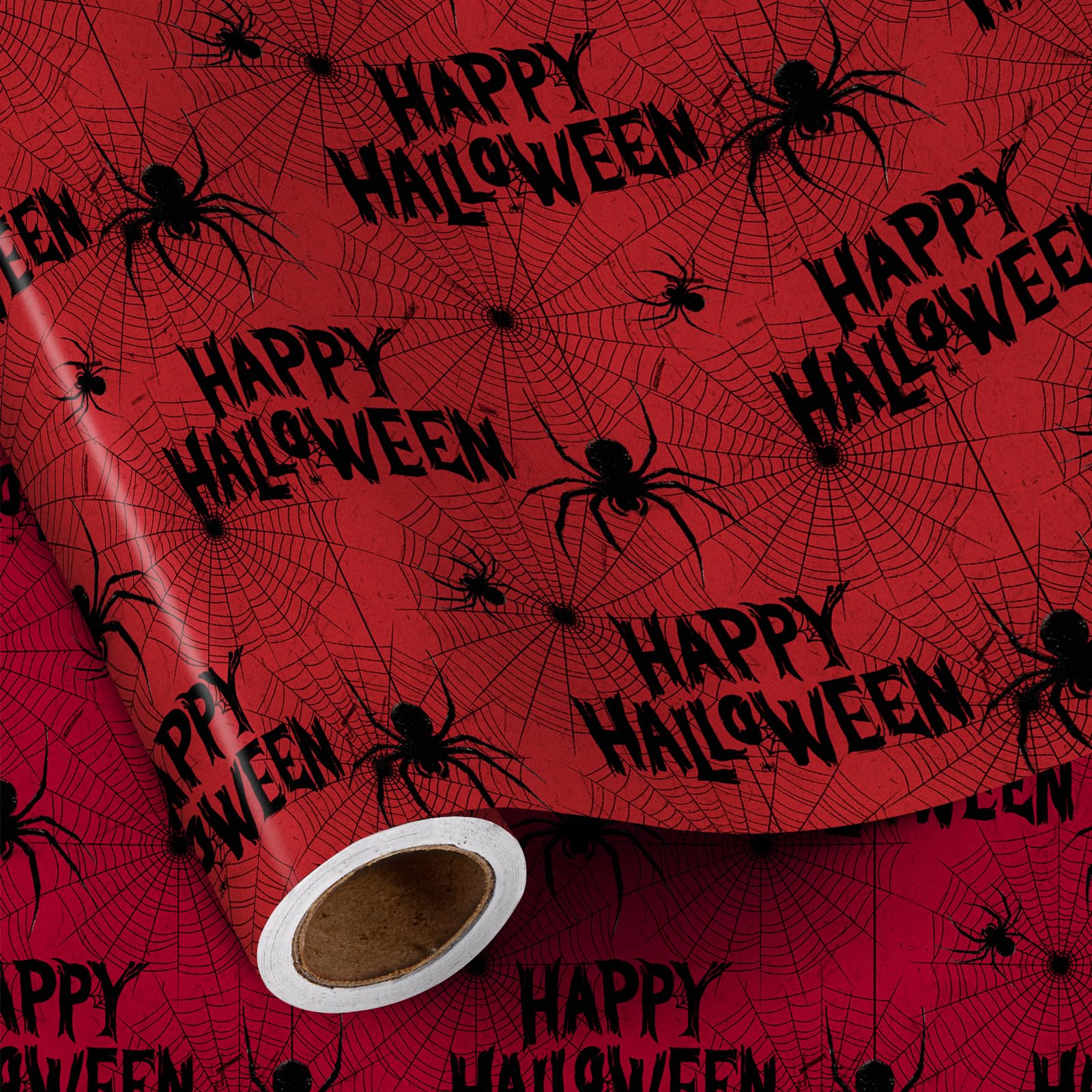 RUSPEPA Halloween Spider Web Mini Wrapping Paper Roll, Red Web & Spider Design for Trick-or-Treat, Fall Holidays and Birthday Gifts, 43.2cm x 5m