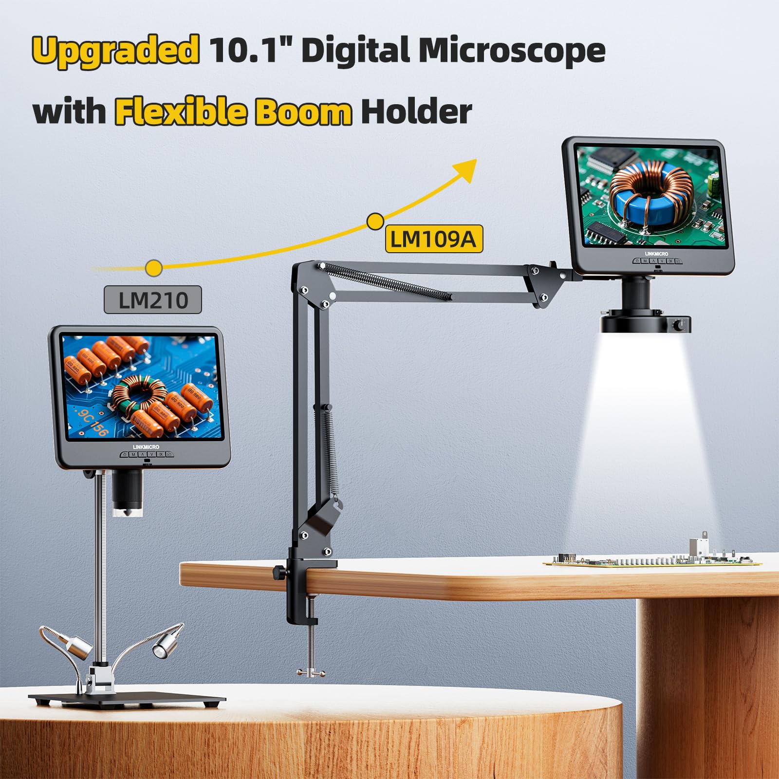 LM109A 10,1'' cyfrowy mikroskop LCD z ekranem dla dorosłych, lutowniczy mikroskop elektroniczny [stojak z elastycznym ramieniem] 260-krotny pełny widok monet lupa aparatu z 56 diodami LED