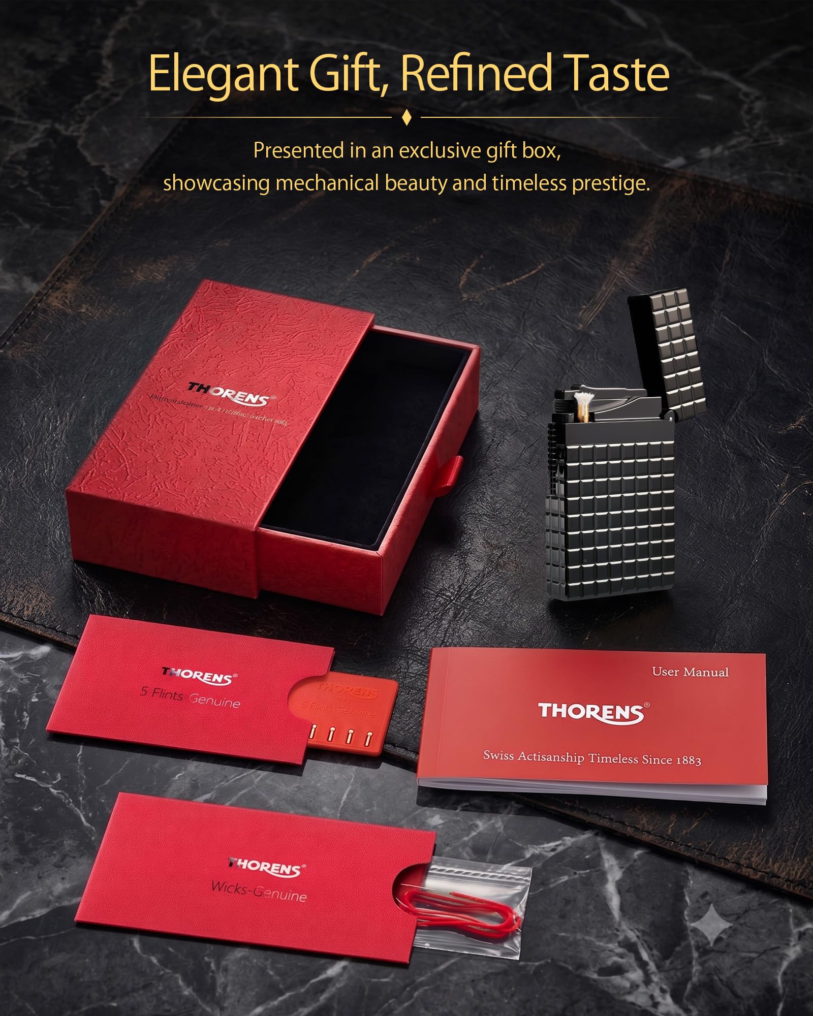 THORENS Crisp Sound - Onyx Blocks Mechero de Queroseno y Latón | Flip-top, coleccionable, retro clásico, llama suave, recargable, side-slide, bolsillo, rueda sílex, grabado, regalo festivo