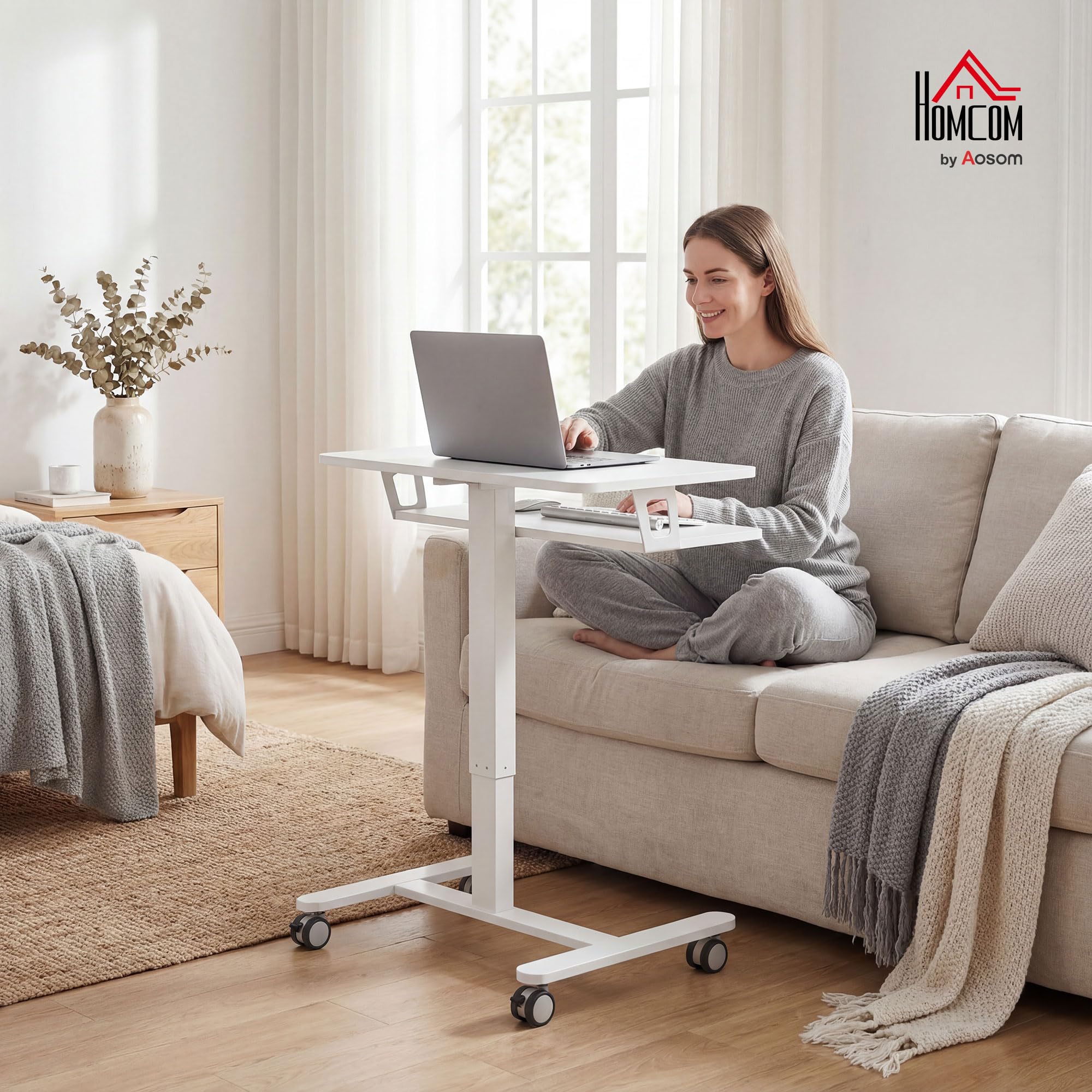 HOMCOM Laptoptisch Höhenverstellbar Pneumatisch mit Rollen, 65 x 60 cm große Tischplatte, Tastaturablage 71-107cm Computertisch, Mobiler Beistelltisch Schreibtisch für Sofa, Bett, Büro, Weiß
