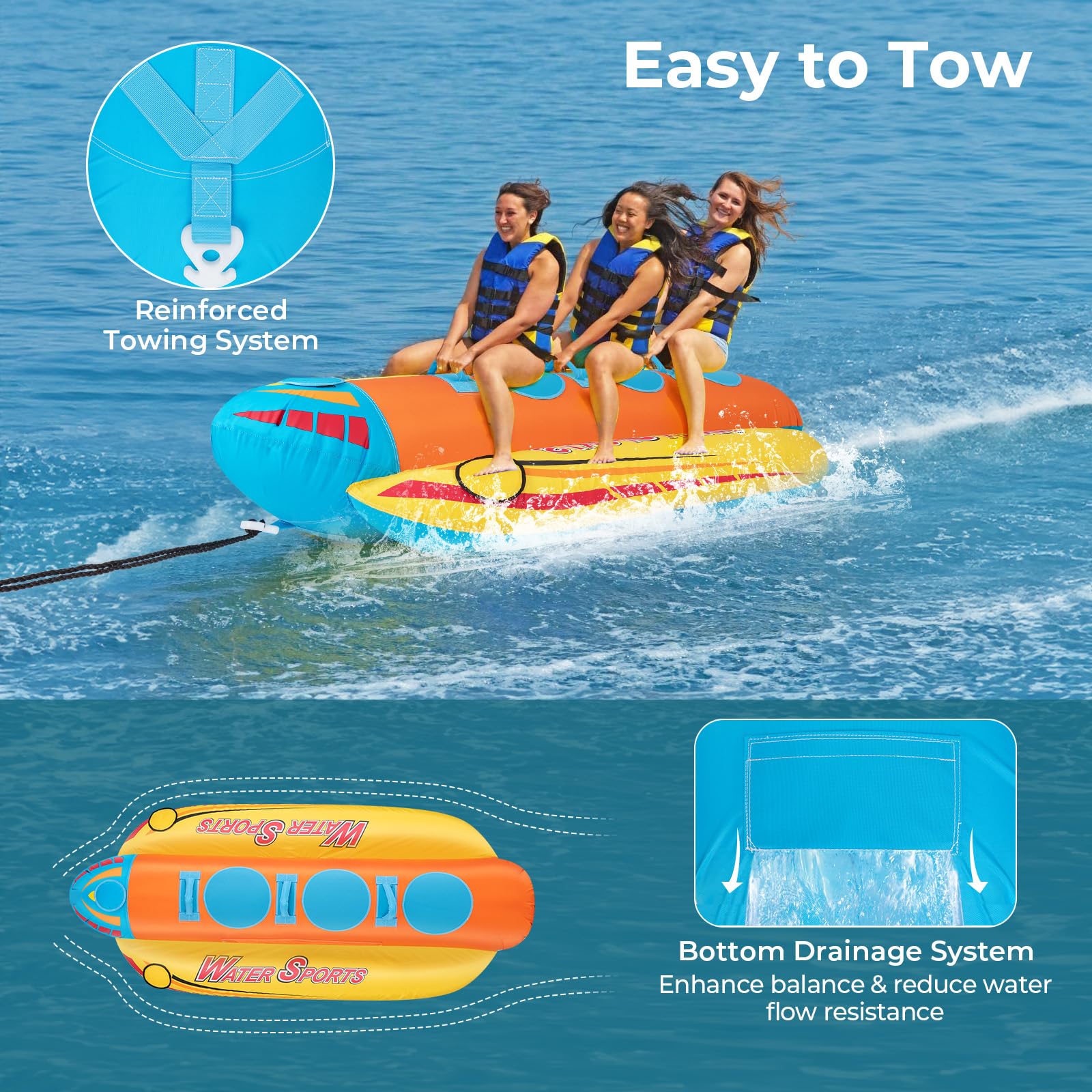 GYMAX Hot Dog Towable, 2/3 Riders Towable Tube for Boating with EVA Seat Pads, Easy Grip Handles, Full 900D Nylon Cover & Drainage System, Inflatable Floating Banana Boat (3 Persons)