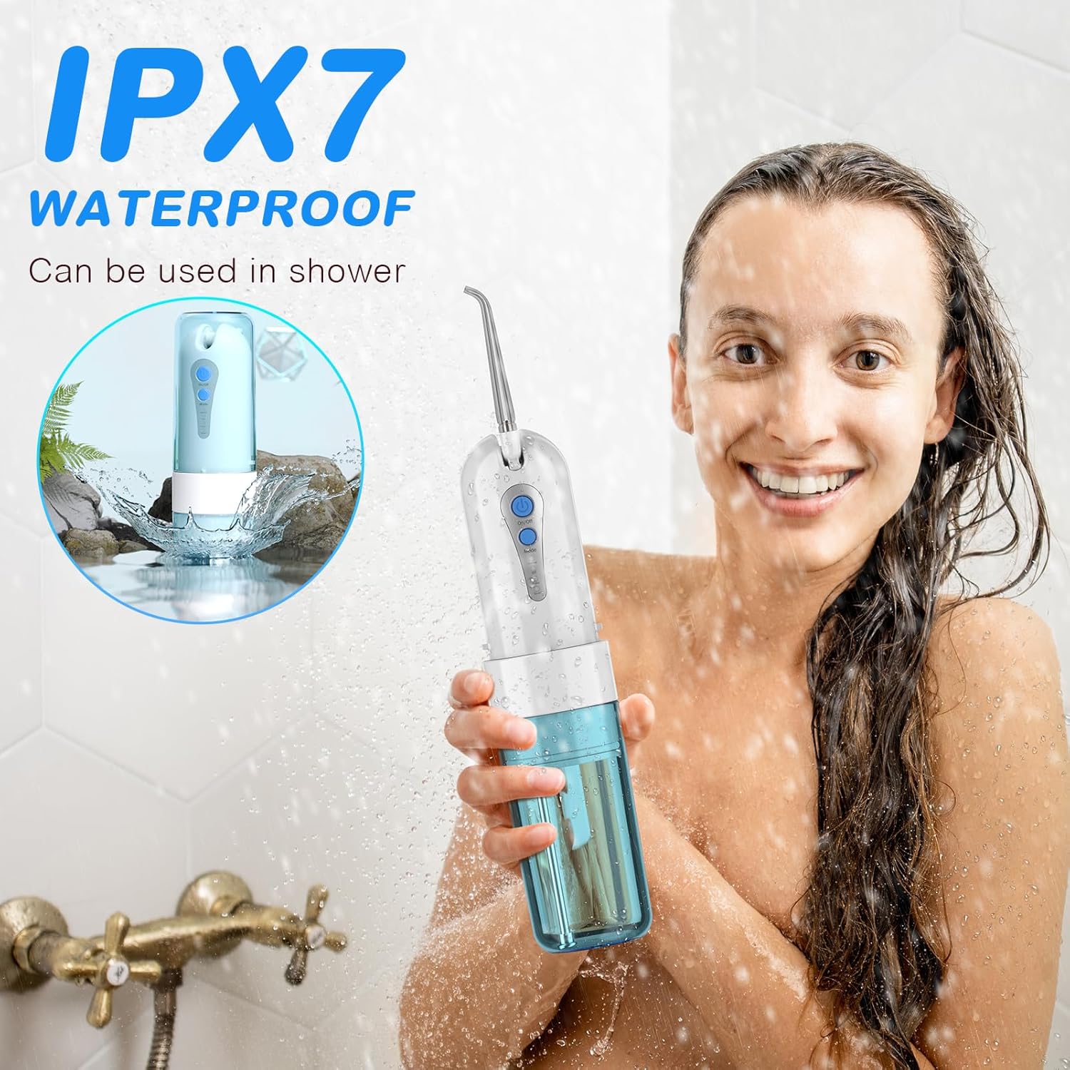 Water Dental Flosser for Teeth Cleaning and Flossing with Travel Size Case – Rechargeable Oral Irrigator, KOOVON Portable Water Flosser for Adults, IPX7 Waterproof, 5 Jet Tips & 4 Modes, Blue