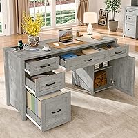 Vista 5 de Farmhouse 61'' Executive Desk with 5 Drawers, Rustic Office Desk Computer Desk with Charging Station, File Drawers and Storage Cabinet, Wood