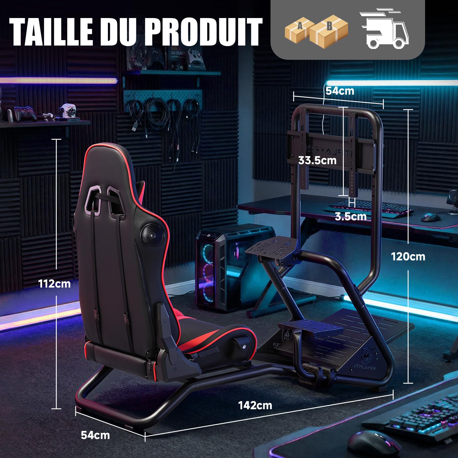 GTPLAYER Simulateur de Conduite, Siège de Simulation avec haut-parleurs stéréo 3D, Support pour écran, Support de volant réglable, Support pour levier de vitesse et pédales (Rouge)